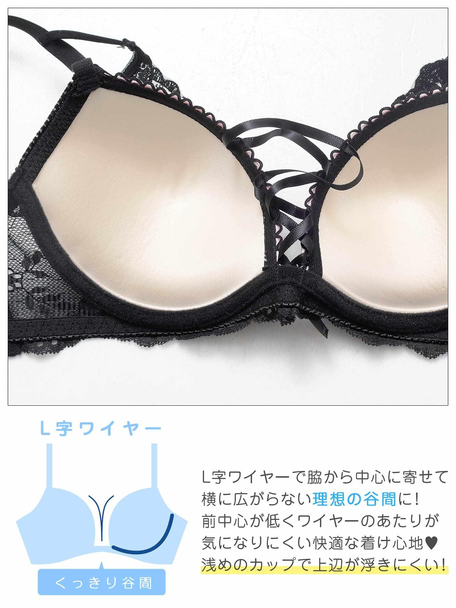 12/12新作!【EFサイズ】ノワールフラワーレースアップブラジャー&バック透けフルバックショーツ