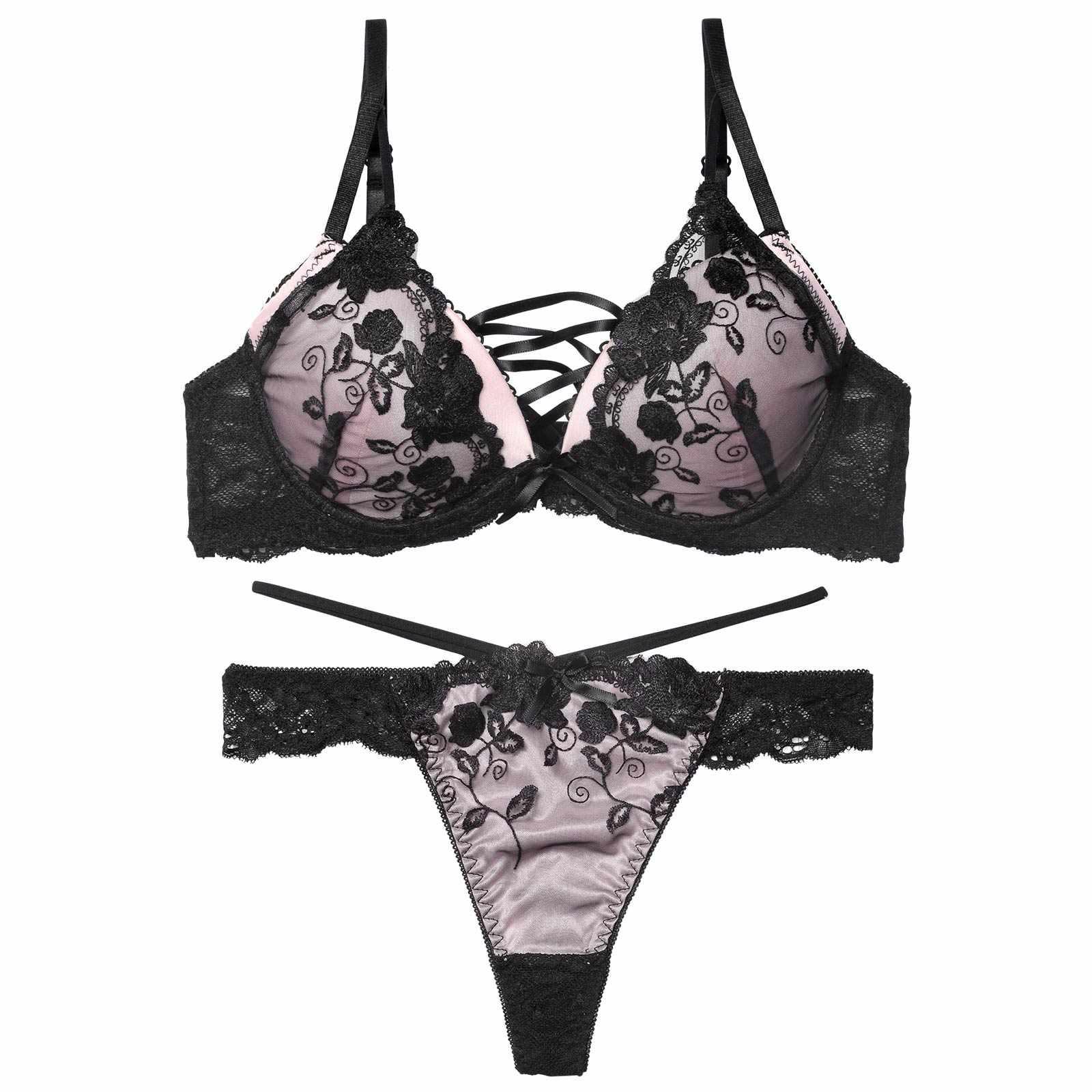 【EFサイズ】ノワールフラワーレースアップブラジャー&バック透けTバックショーツ