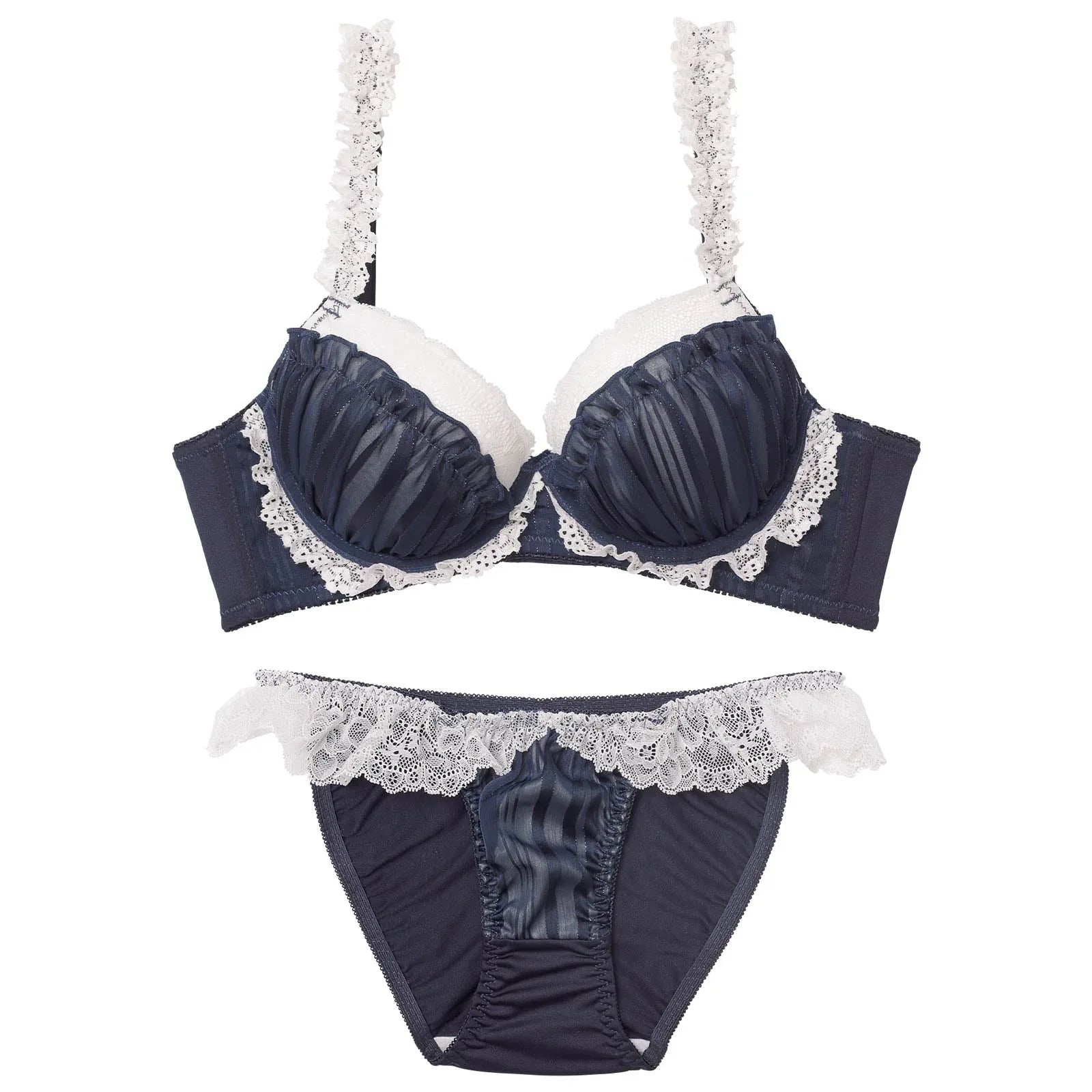 【EFサイズ】シャイニーフリルレース育乳脇高ブラジャー&フルバックショーツ