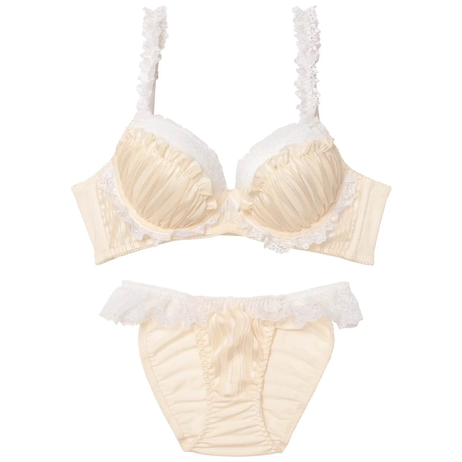 【EFサイズ】シャイニーフリルレース育乳脇高ブラジャー&フルバックショーツ