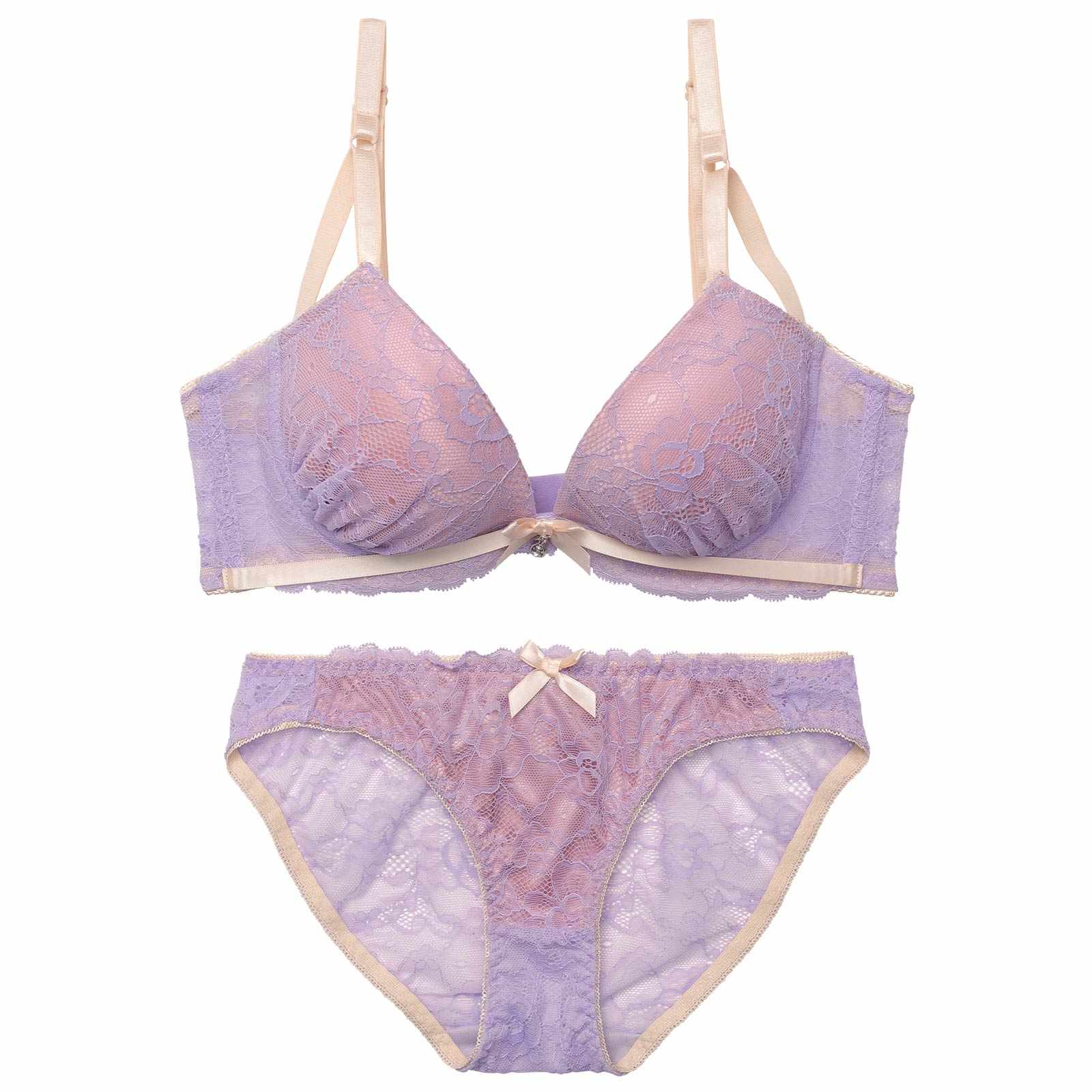 3/4新作!【EFサイズ】バイカラーリボンレース育乳脇高ブラジャー&バック透けフルバックショーツ