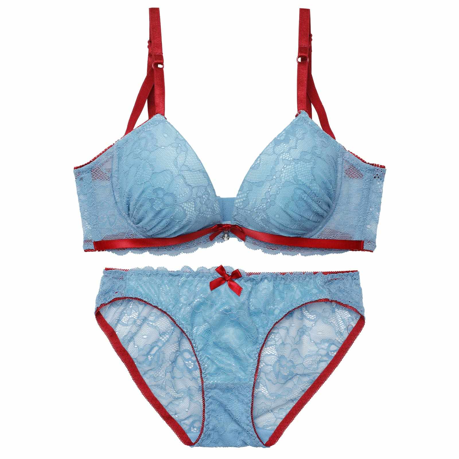 3/4新作!【EFサイズ】バイカラーリボンレース育乳脇高ブラジャー&バック透けフルバックショーツ