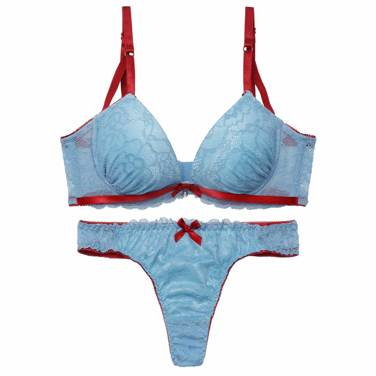 3/4新作!【EFサイズ】バイカラーリボンレース育乳脇高ブラジャー&バック透けTバックショーツ