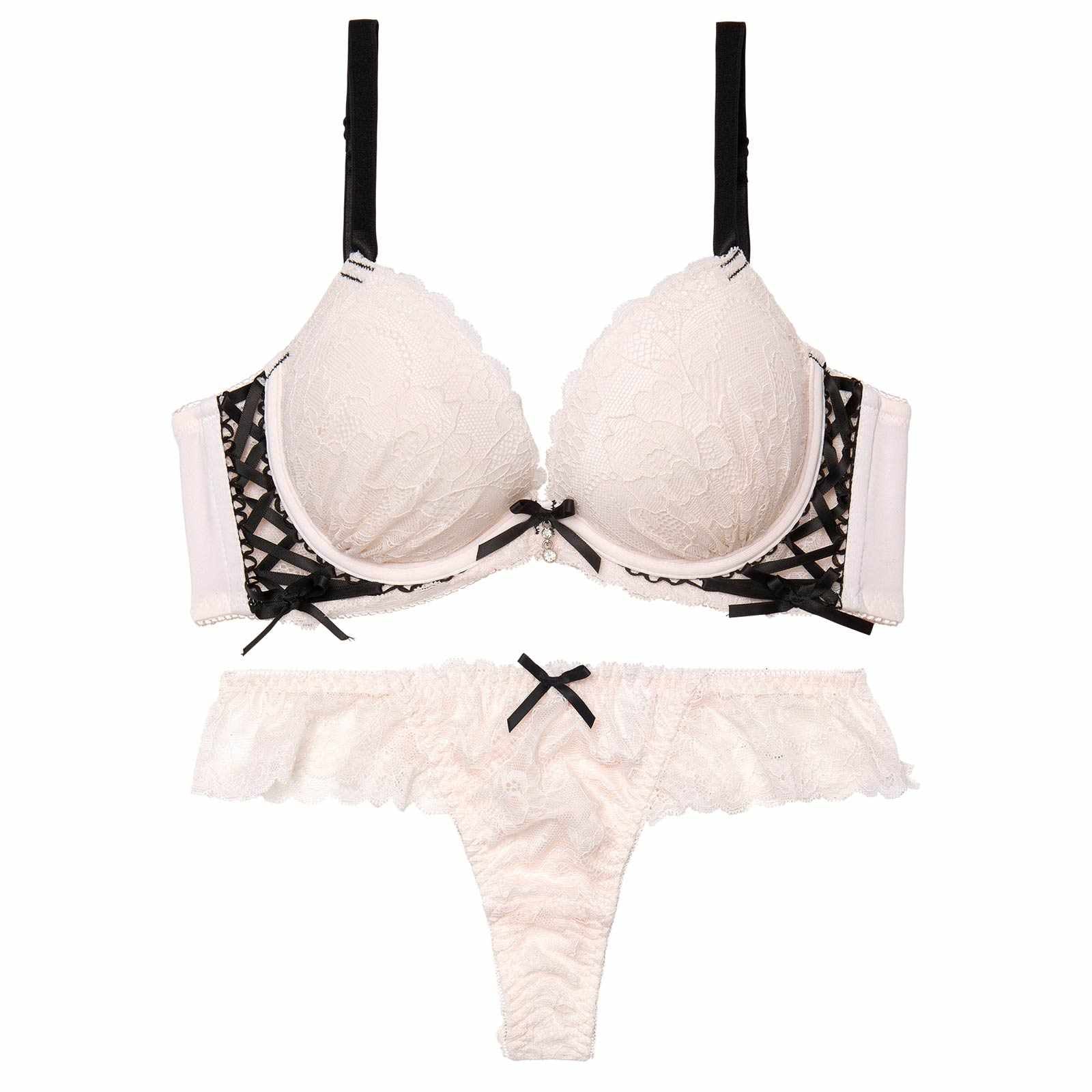 4/22新作!【EFサイズ】スピンドルリボンレース育乳脇高ブラジャー&バック透けTバックショーツ