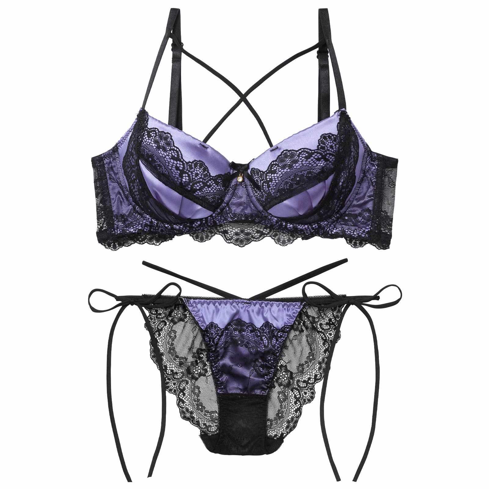 【EFサイズ】ミッドナイトクイーン育乳脇高ブラジャー&サイド紐バック透けフルバックショーツ