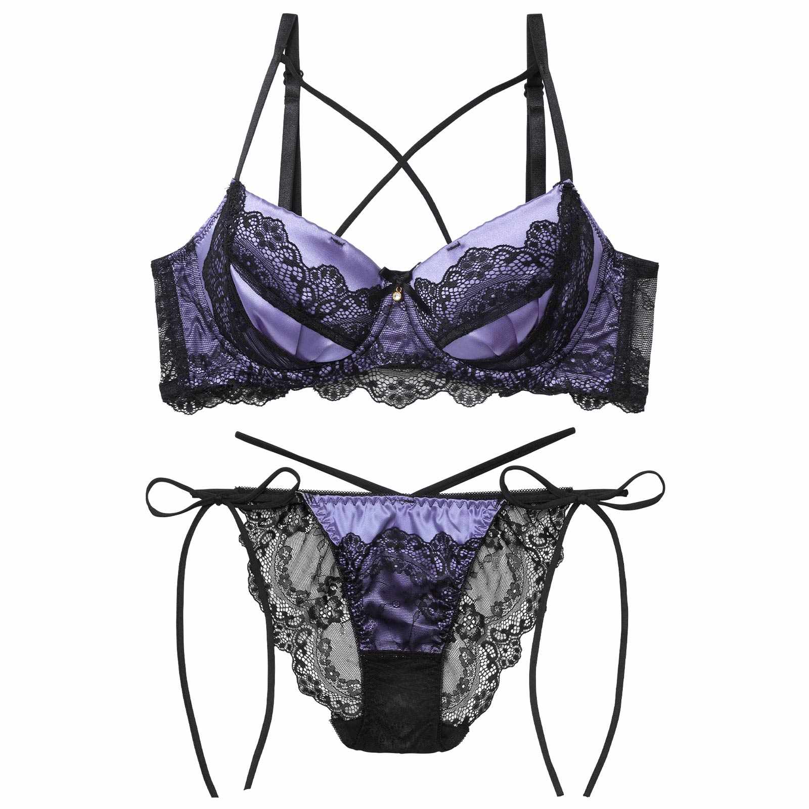 11/7新作!【EFサイズ】ミッドナイトクイーン育乳脇高ブラジャー&サイド紐バック透けフルバックショーツ