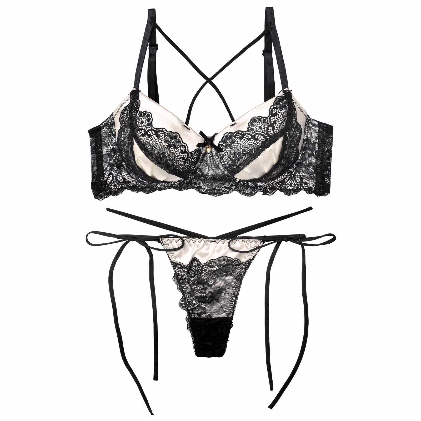 11/7新作!【EFサイズ】ミッドナイトクイーン育乳脇高ブラジャー&サイド紐バック透けTバックショーツ