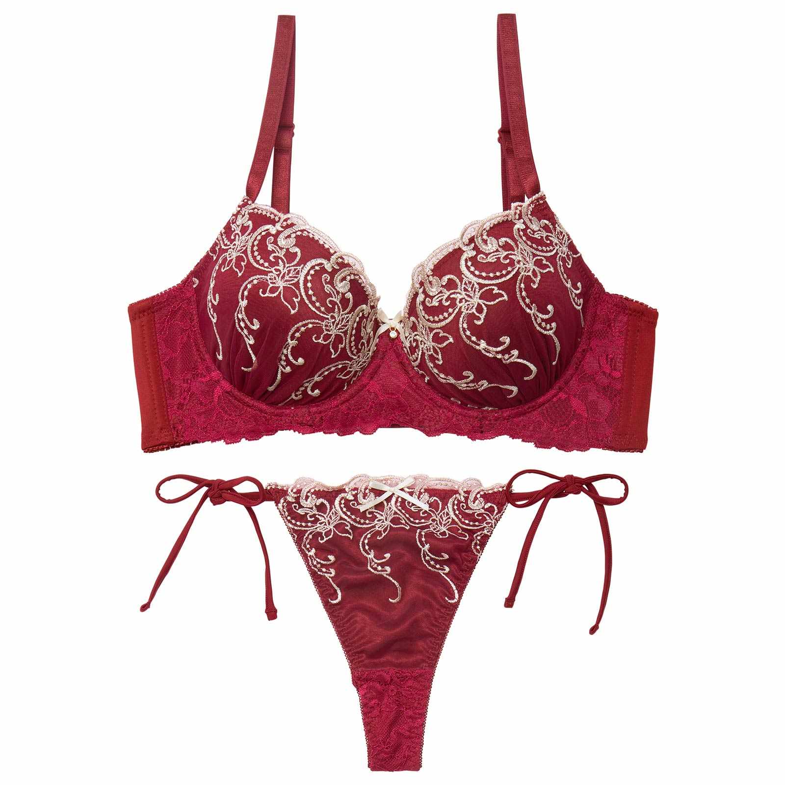 11/19新作!【三上悠亜着用】ダマスクホリデーエンブロイダリー育乳脇高ブラジャー&サイド紐バック透けTバックショーツ