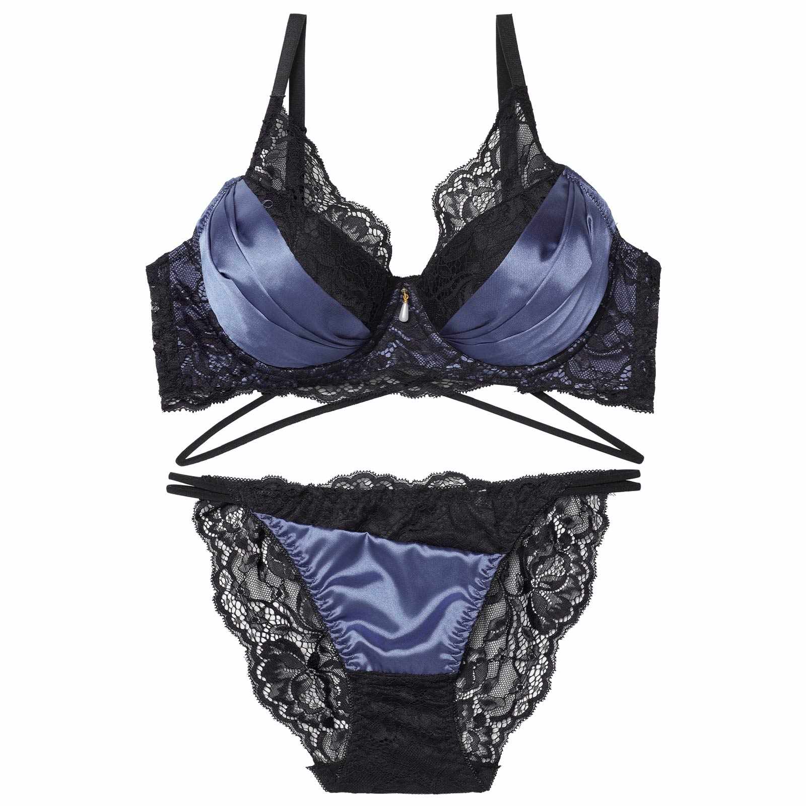 12/15新作!グロッシーサテンレース育乳脇高ブラジャー&バック透けフルバックショーツ