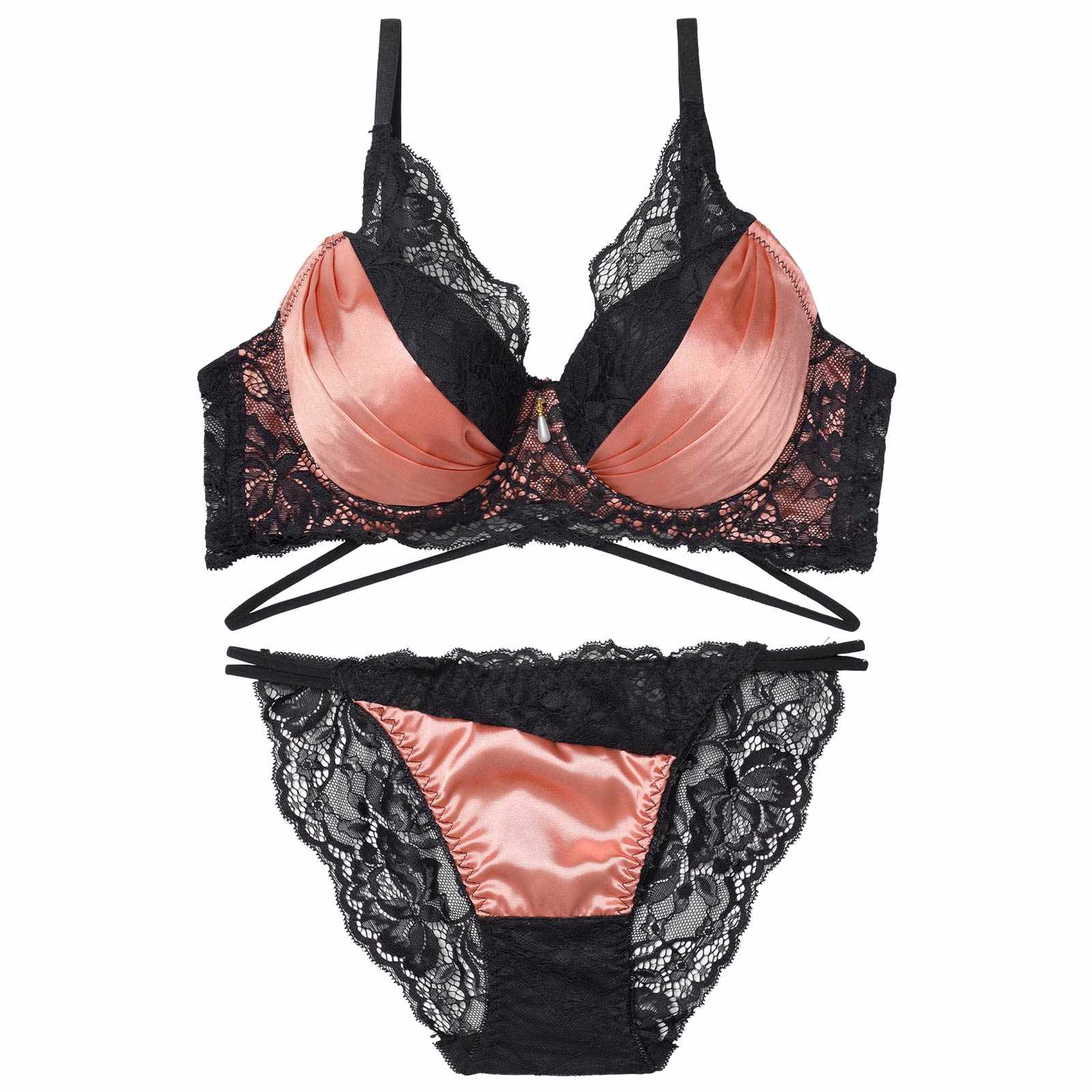 12/15新作!【EFサイズ】グロッシーサテンレース育乳脇高ブラジャー&バック透けフルバックショーツ