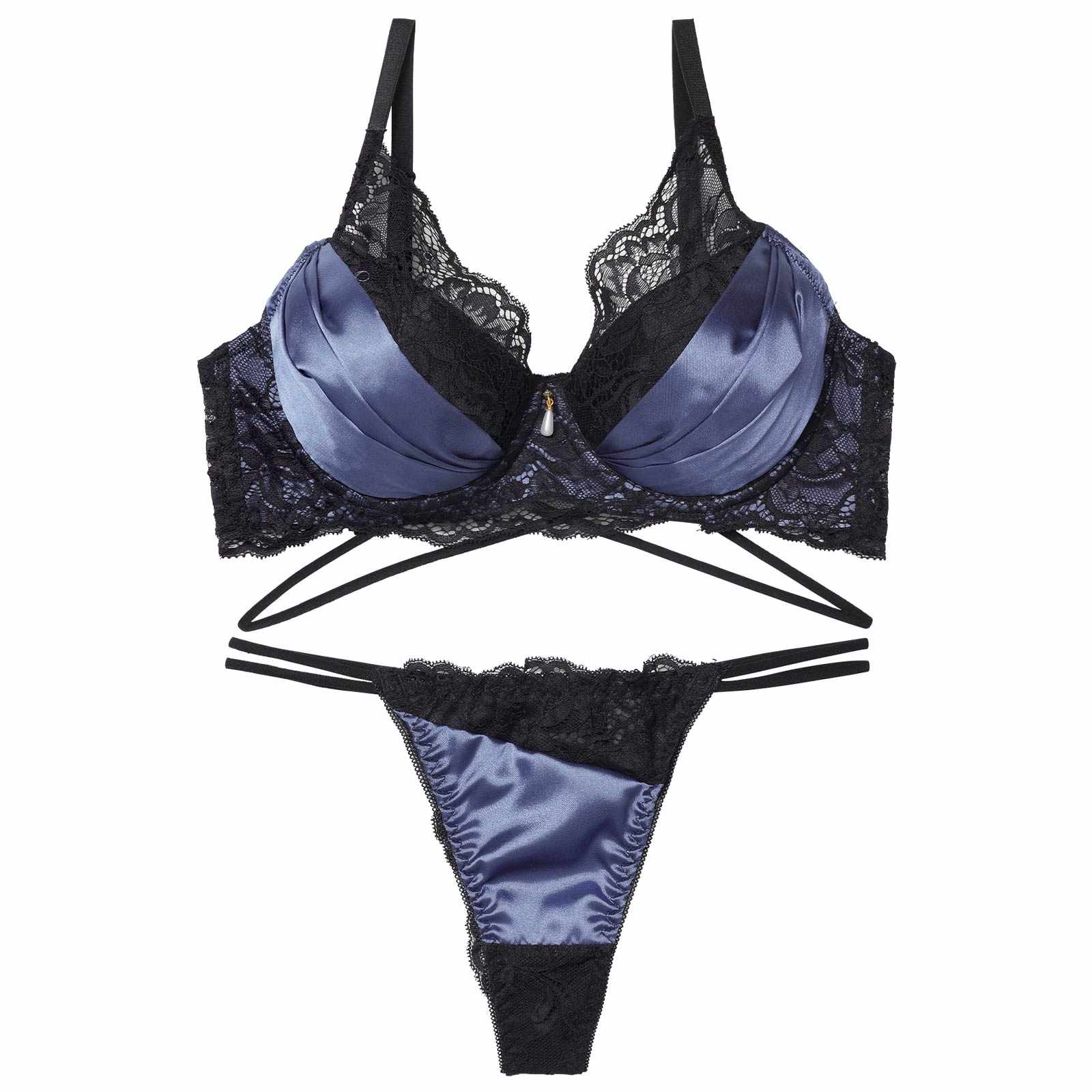 12/15新作!【EFサイズ】グロッシーサテンレース育乳脇高ブラジャー&バック透けTバックショーツ