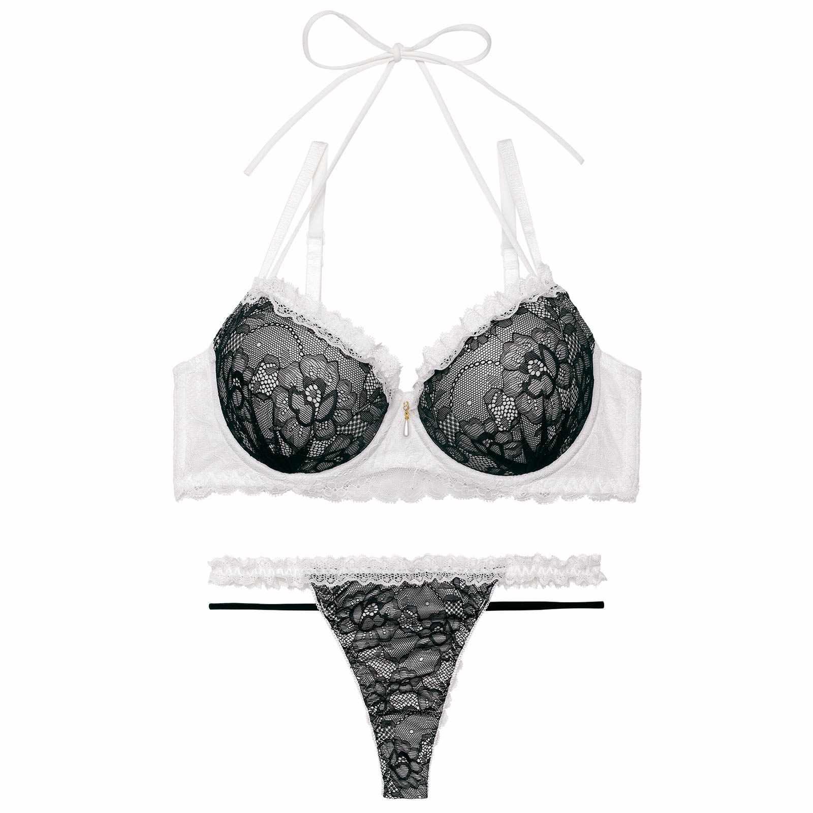 【EFサイズ】ブルームレーシィホルターネックブラジャー&バック透けTバックショーツ
