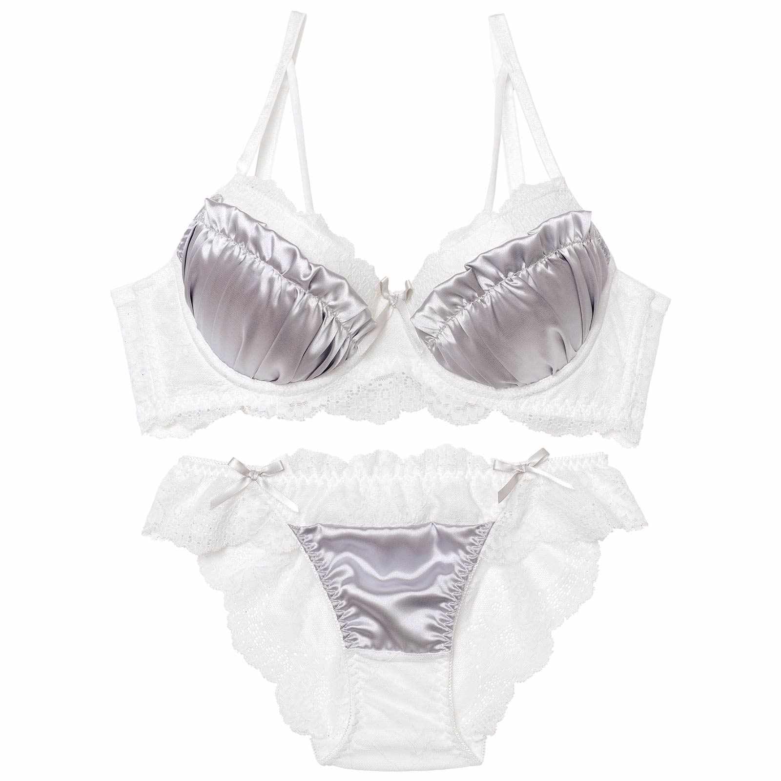 2/2新作!スウィートサテンレース育乳脇高ブラジャー&バック透けフルバックショーツ