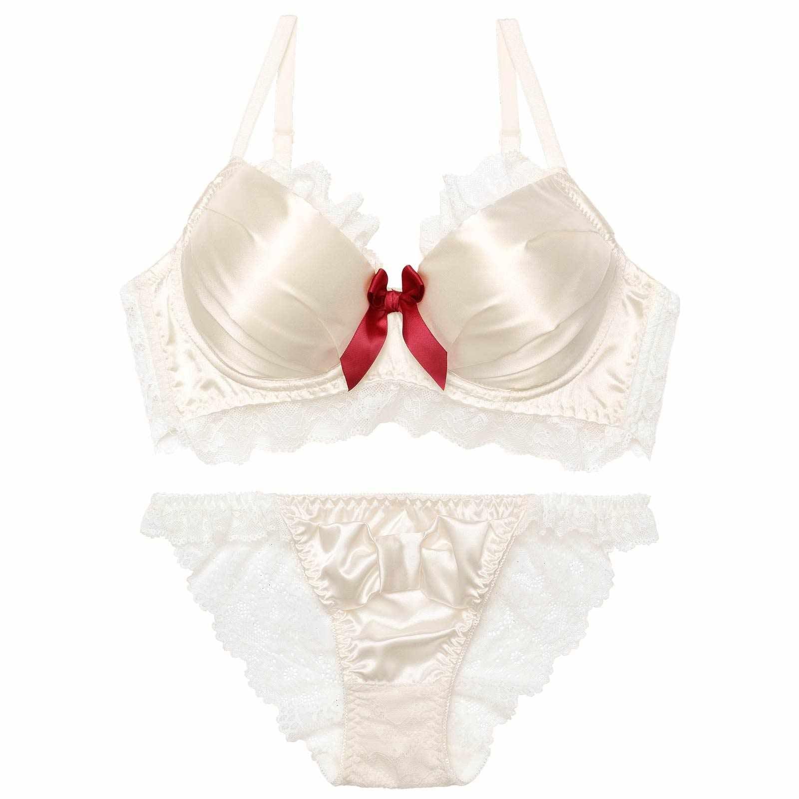 ロマンティックリボンサテン育乳脇高ブラジャー&バック透けフルバックショーツ