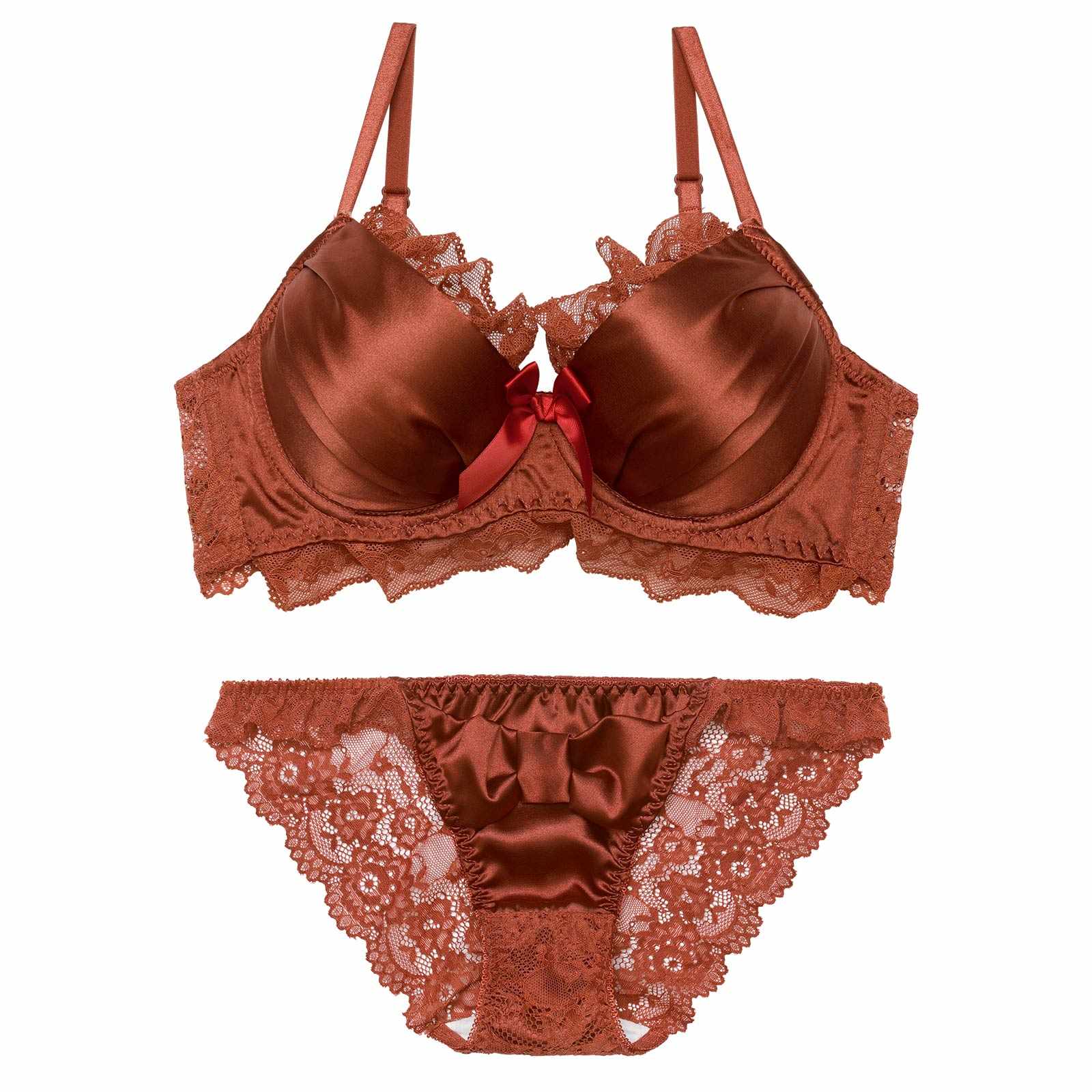 1/26新作!【EFサイズ】ロマンティックリボンサテン育乳脇高ブラジャー&バック透けフルバックショーツ