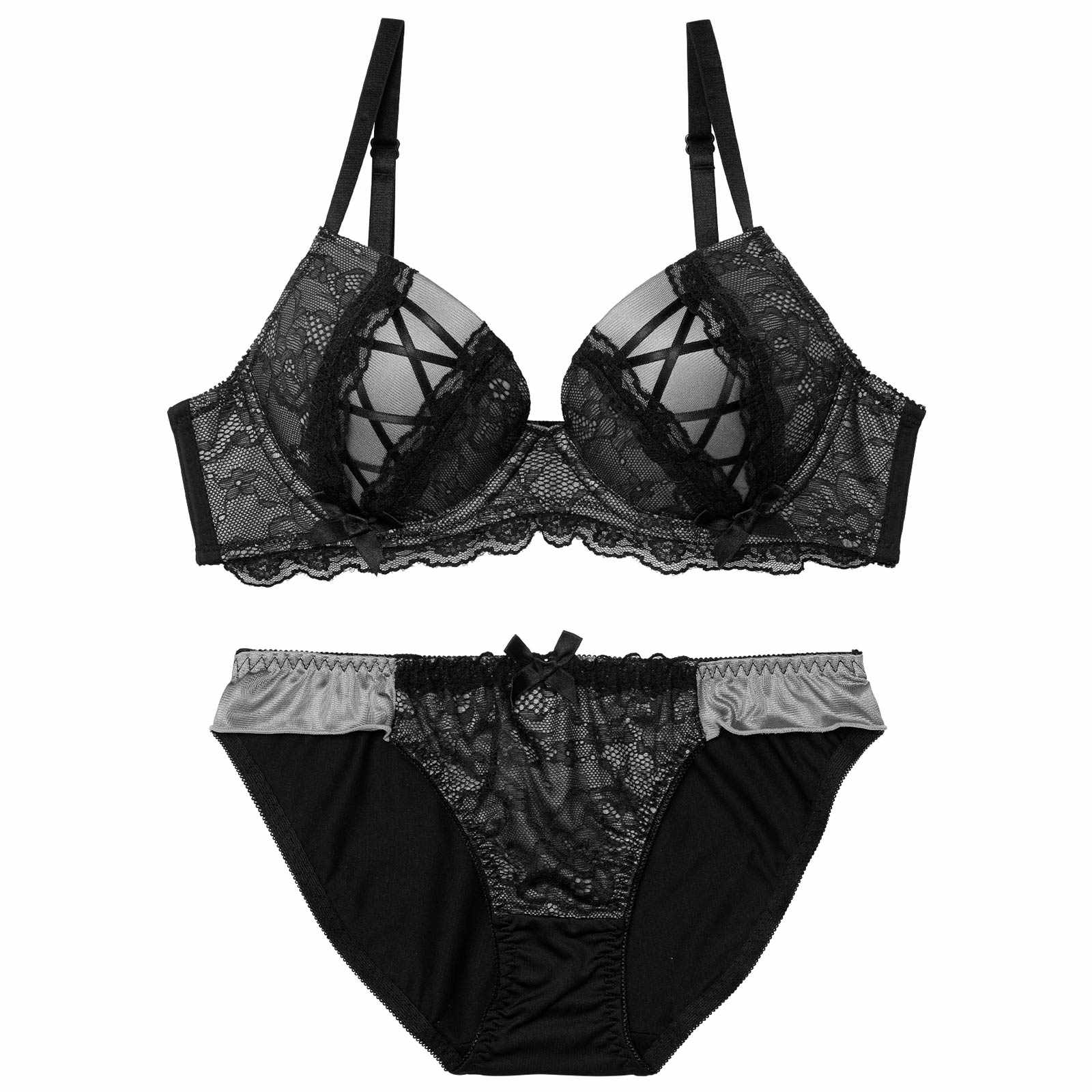 3/27新作!【EFサイズ】ダークガーリーレースアップブラジャー&フルバックショーツ