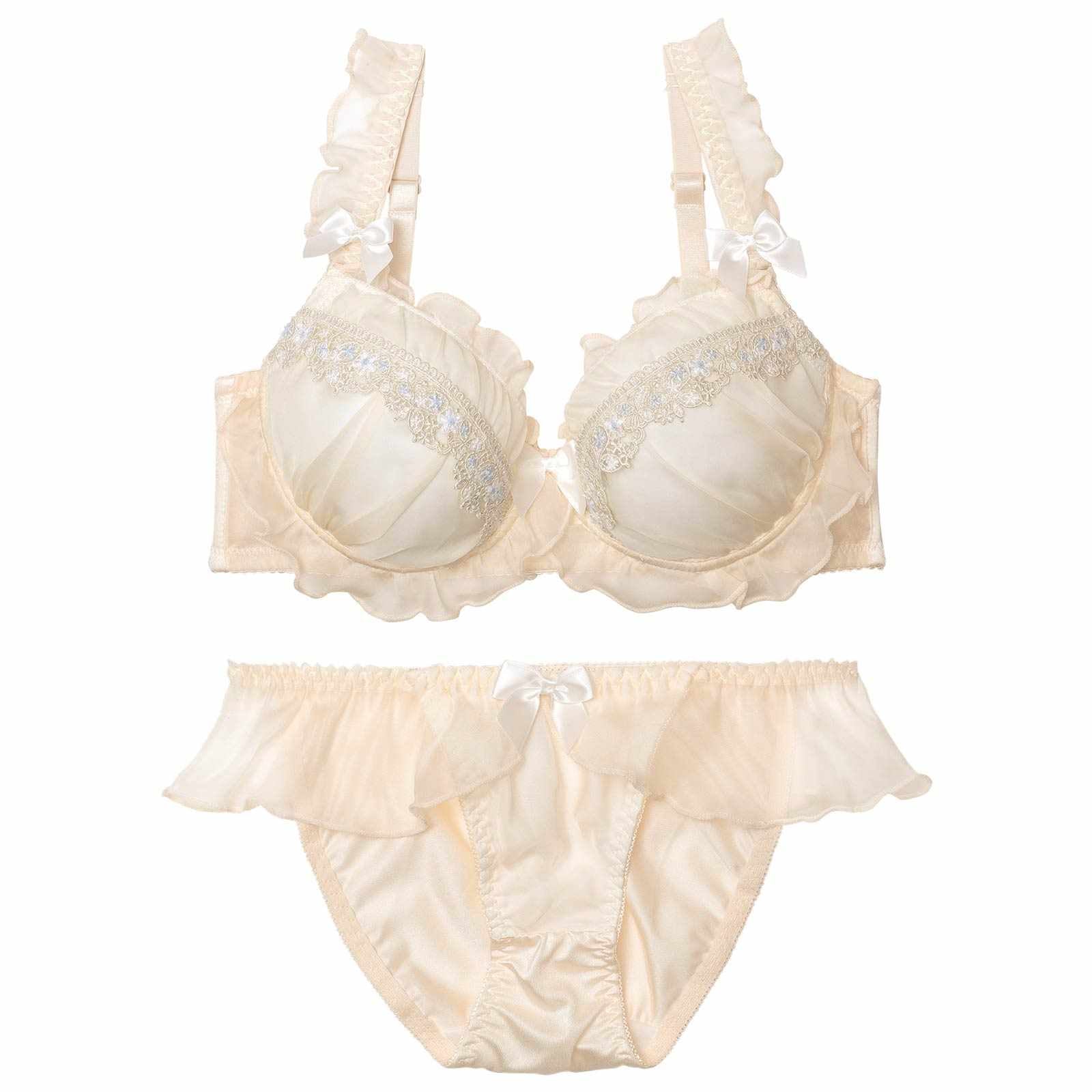 【EFサイズ】スウィートフリルエンブロイダリーブラジャー&フルバックショーツ
