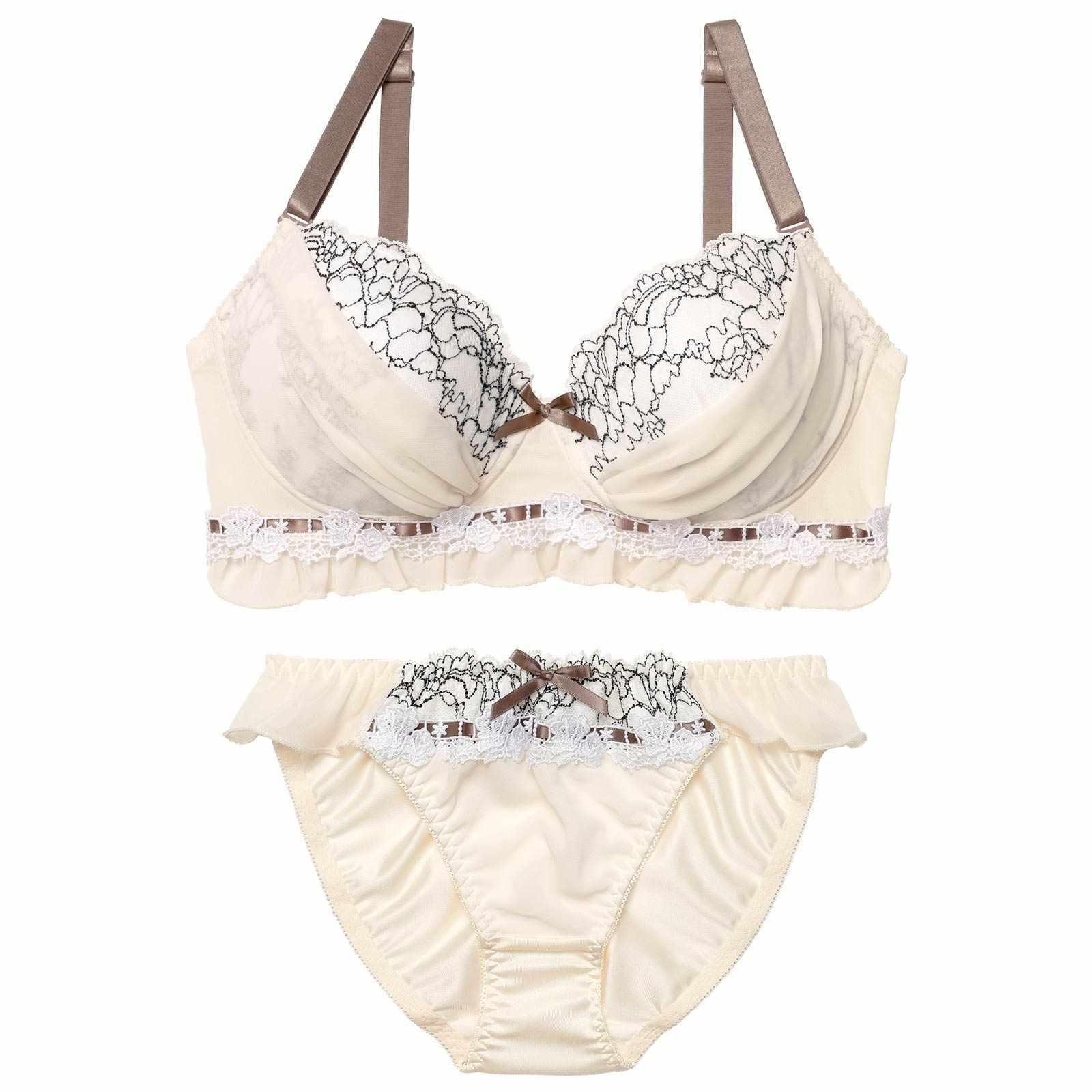 【EFサイズ】スウィートフリルシフォンブラジャー&フルバックショーツ