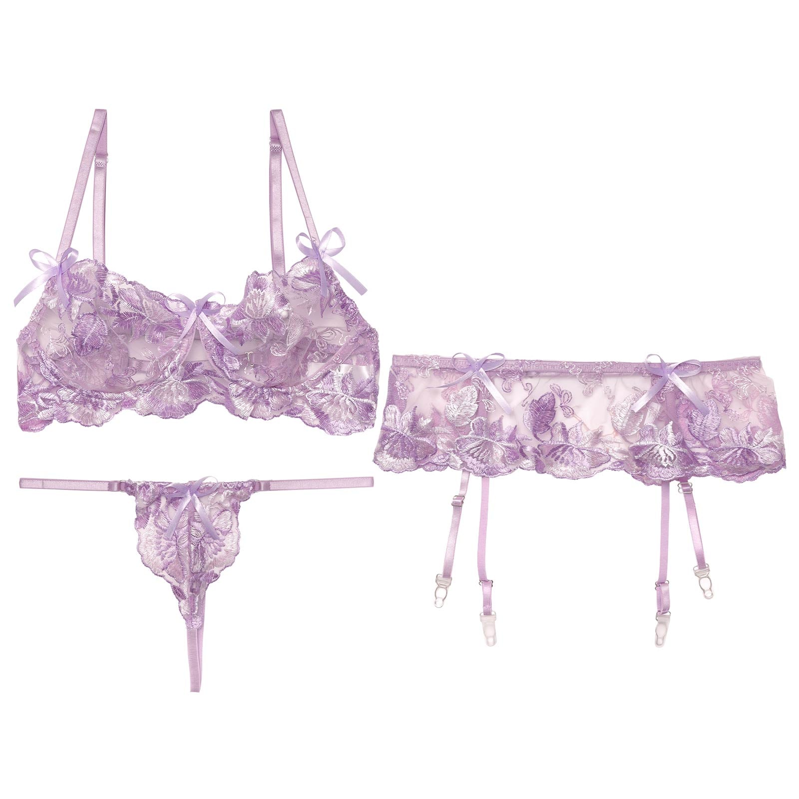 11/27再販!【3点セット】ボタニカルリボンシアーブラジャー&Tバック&ガーターベルト