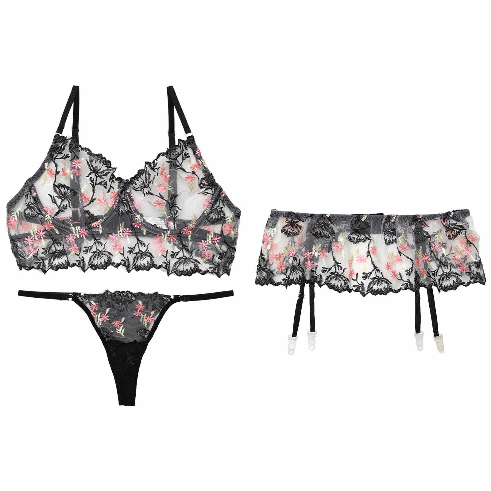 【3点セット】シースルーブルーミングブラジャー&Tバック&ガーターベルト