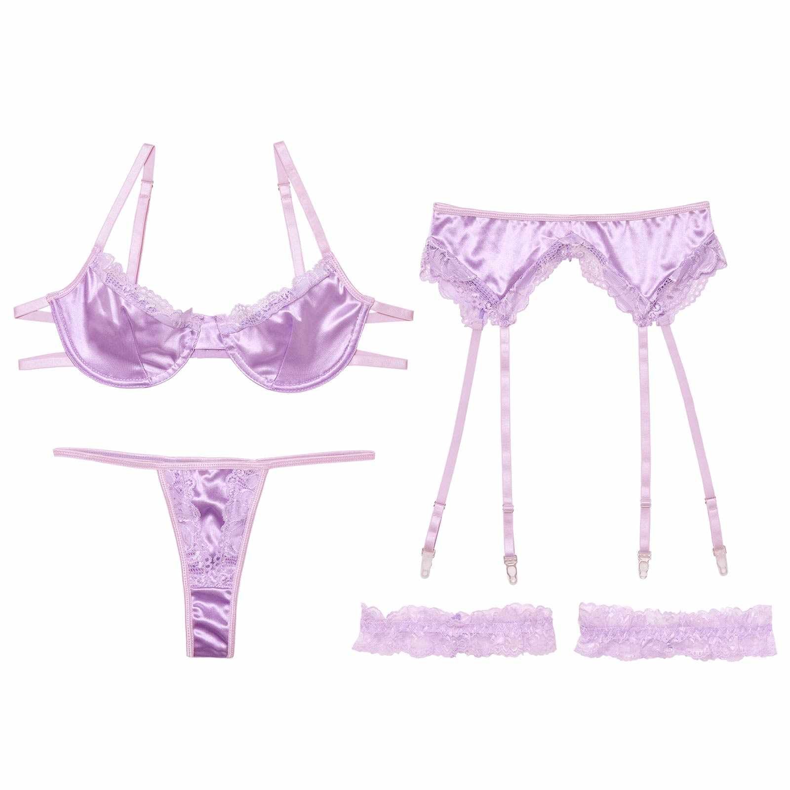 1/31再販!【4点セット】ミスティックサテンレースブラジャー&Tバック&ガーターベルト&足リング