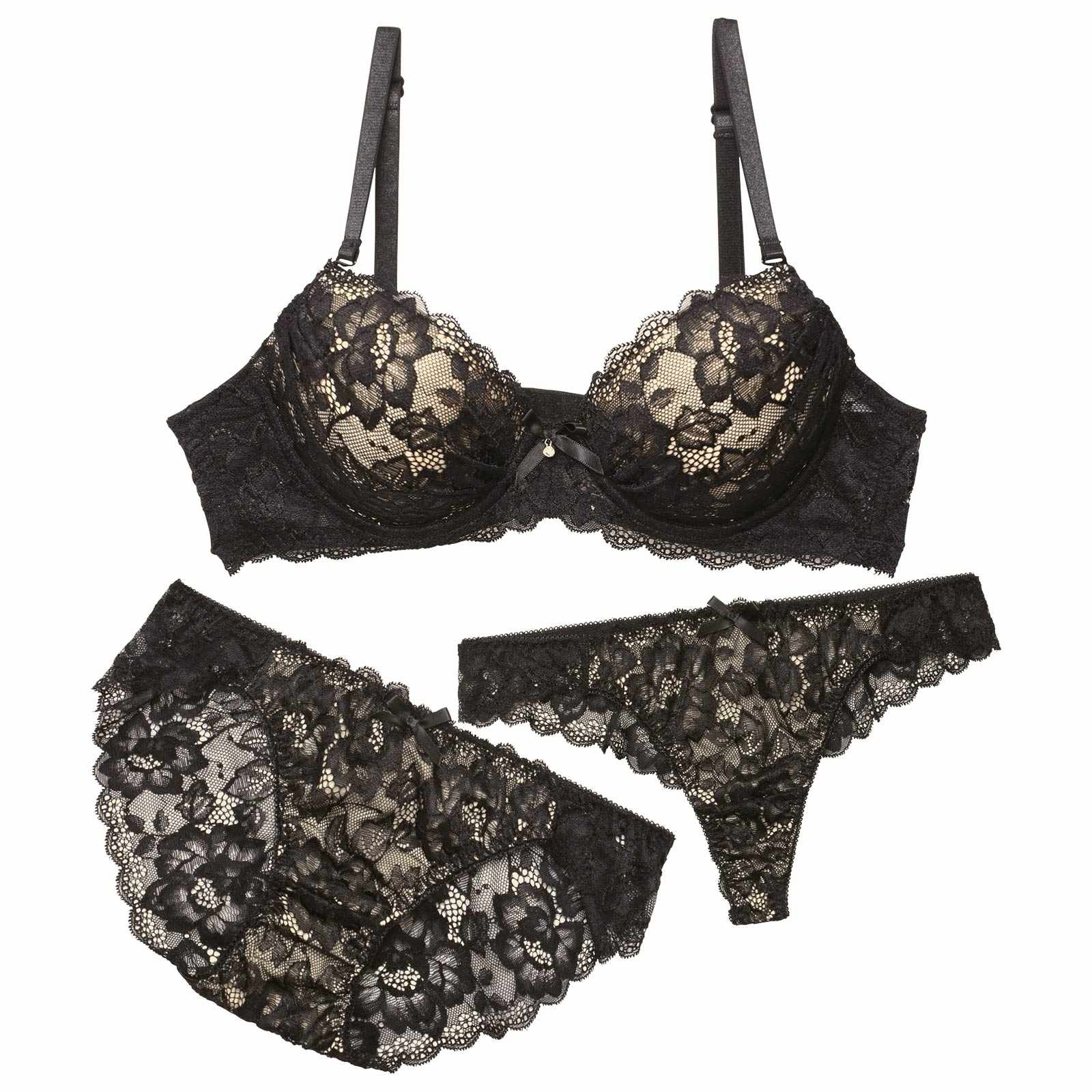 【3点セット】クラシカルヌーディーレースブラジャー&バック透けフルバック&Tバックショーツ
