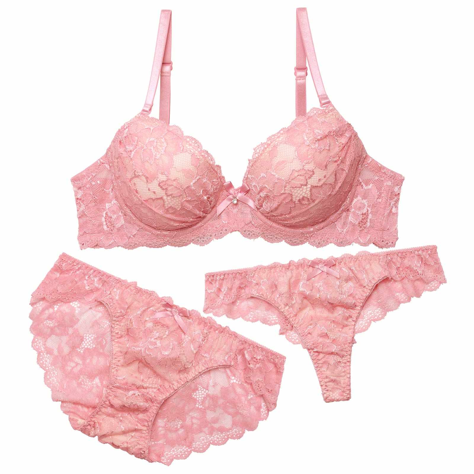 【3点セット】クラシカルヌーディーレースブラジャー&バック透けフルバック&Tバックショーツ