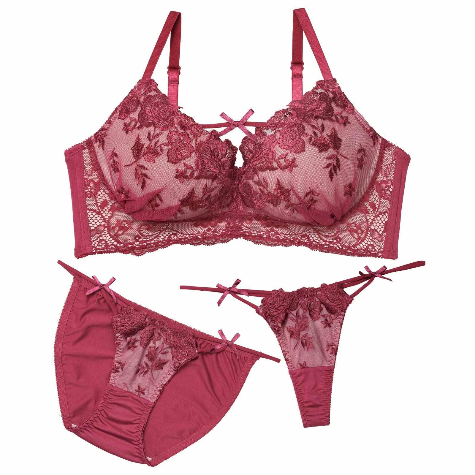 【3点セット】W盛り★ディープローズリボンコード育乳脇高ブラジャー&フルバック&Tバックショーツ