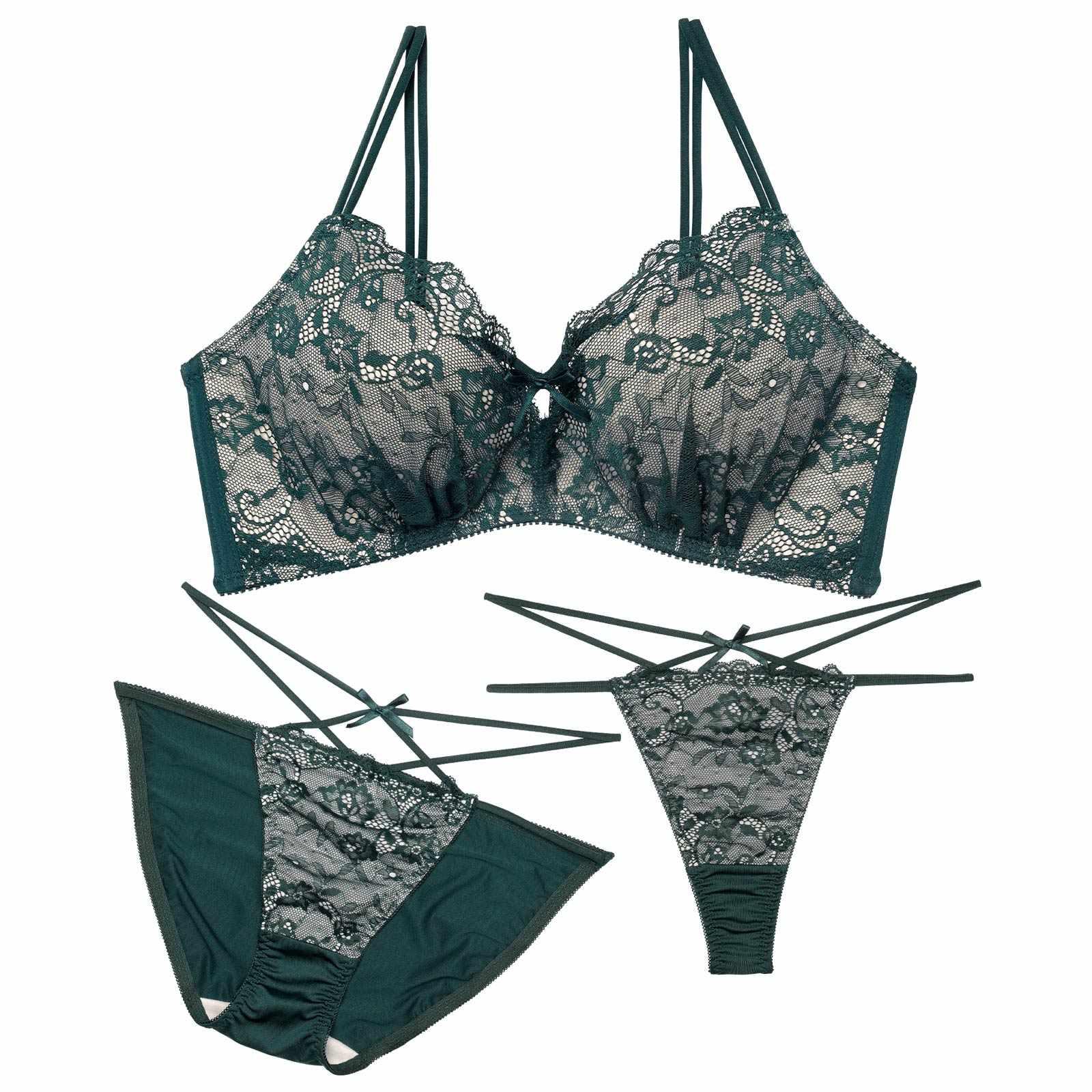 【3点セット】W盛り★フローラルリボンコード育乳脇高ブラジャー&フルバック&Tバックショーツ