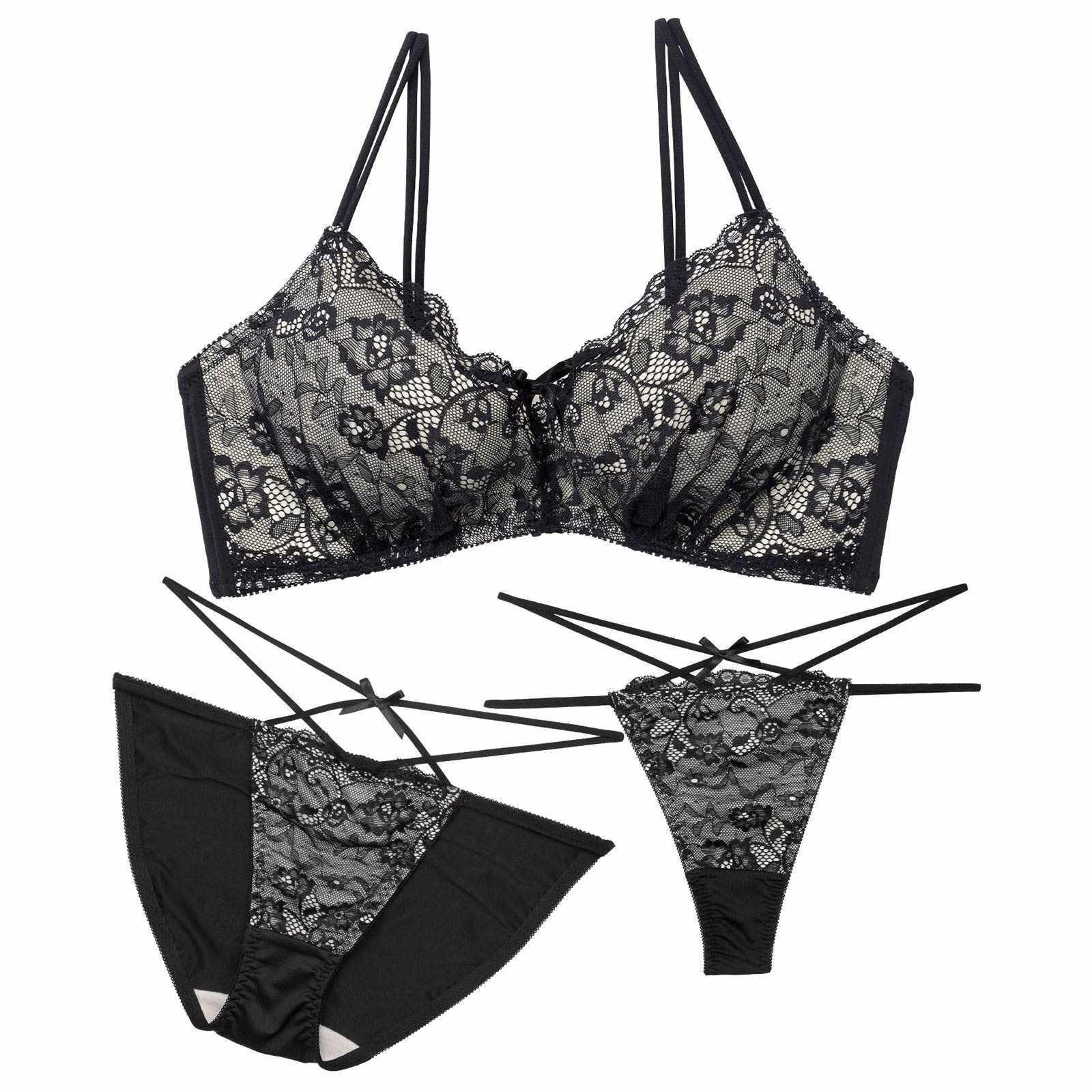 【3点セット】【EFサイズ】フローラルリボンコード育乳脇高ブラジャー&フルバック&Tバックショーツ