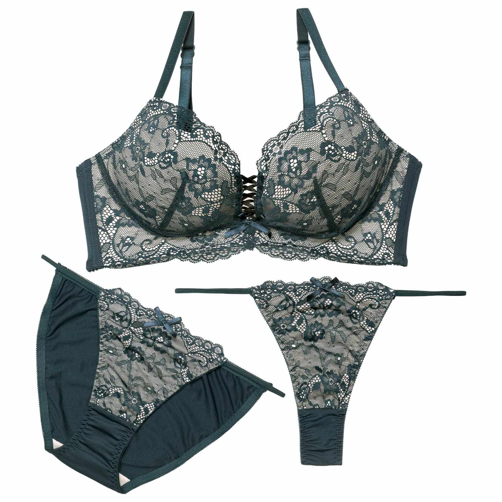 4/13新作!【三上悠亜着用】【3点セット】W盛り★リュクスシアーレース育乳脇高ブラジャー&フルバック&Tバックショーツ