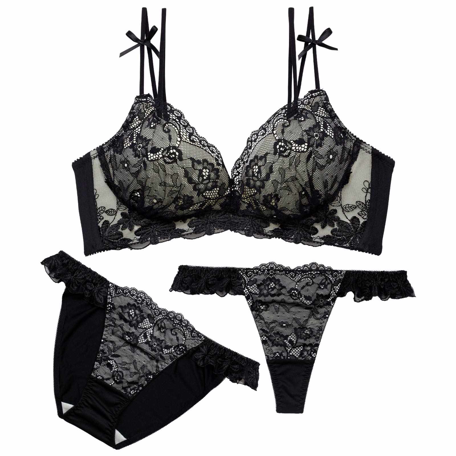 2/16新作!【3点セット】ミューズリボンレース育乳脇高ブラジャー&フルバック&Tバックショーツ