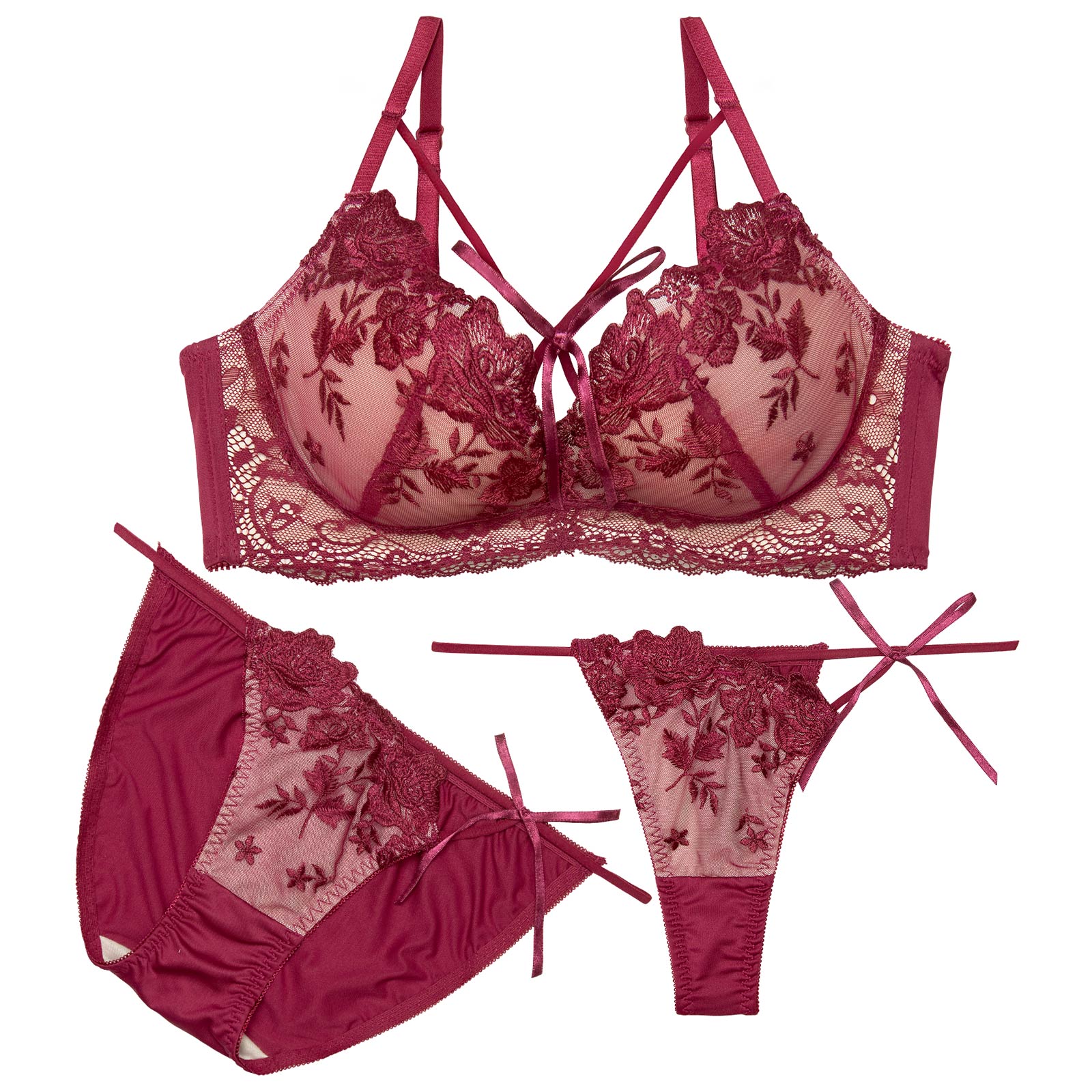 3/6新作!【3点セット】グロッシーローズ育乳脇高ブラジャー&フルバックショーツ&Tバックショーツ