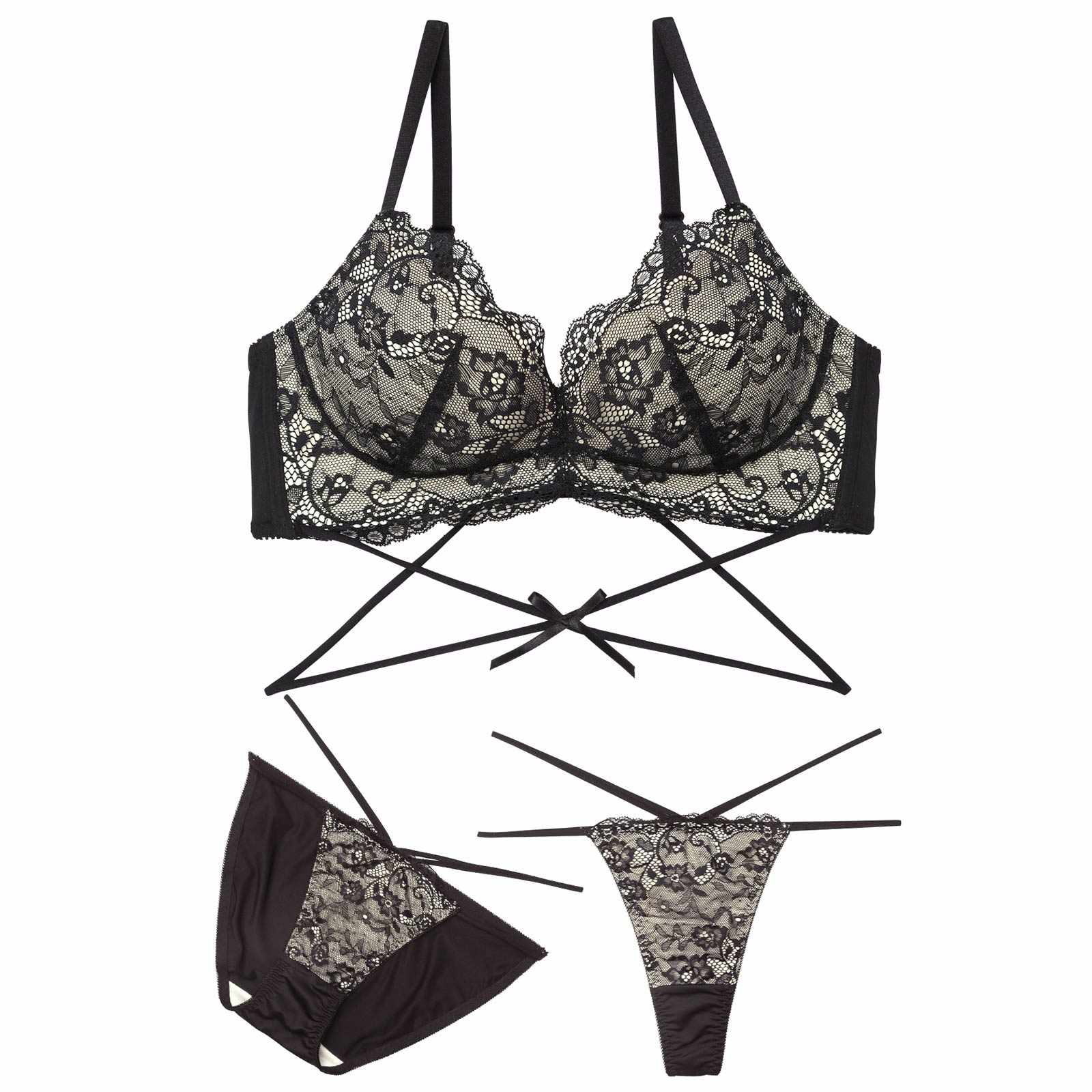 3/2新作!【3点セット】W盛り★ディープシアーレースコード育乳脇高ブラジャー&フルバック&Tバックショーツ