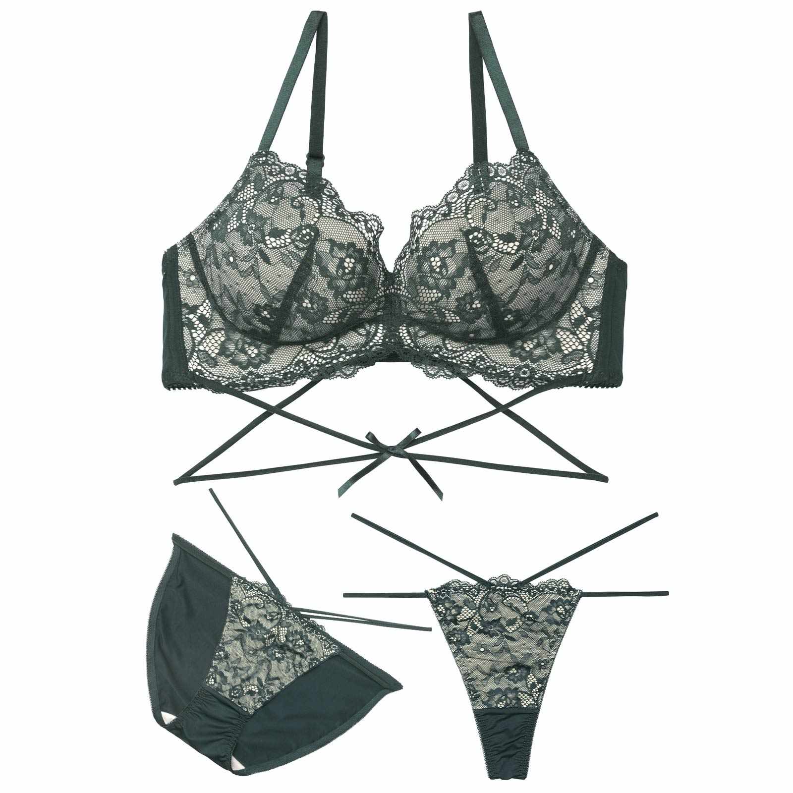 3/2新作!【3点セット】W盛り★ディープシアーレースコード育乳脇高ブラジャー&フルバック&Tバックショーツ