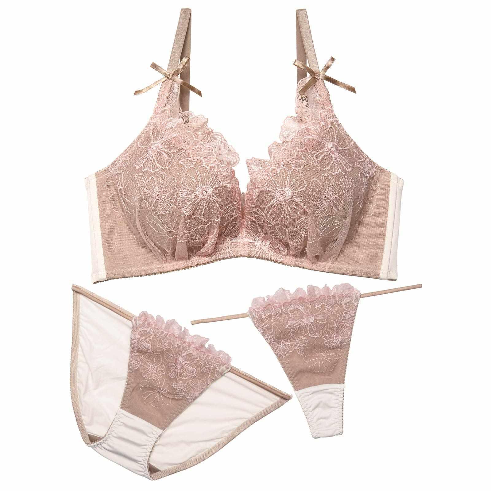 【かとゆり着用】【3点セット】【EFサイズ】W盛り★メルティピュアフルール育乳脇高ブラジャー&フルバック&Tバックショーツ