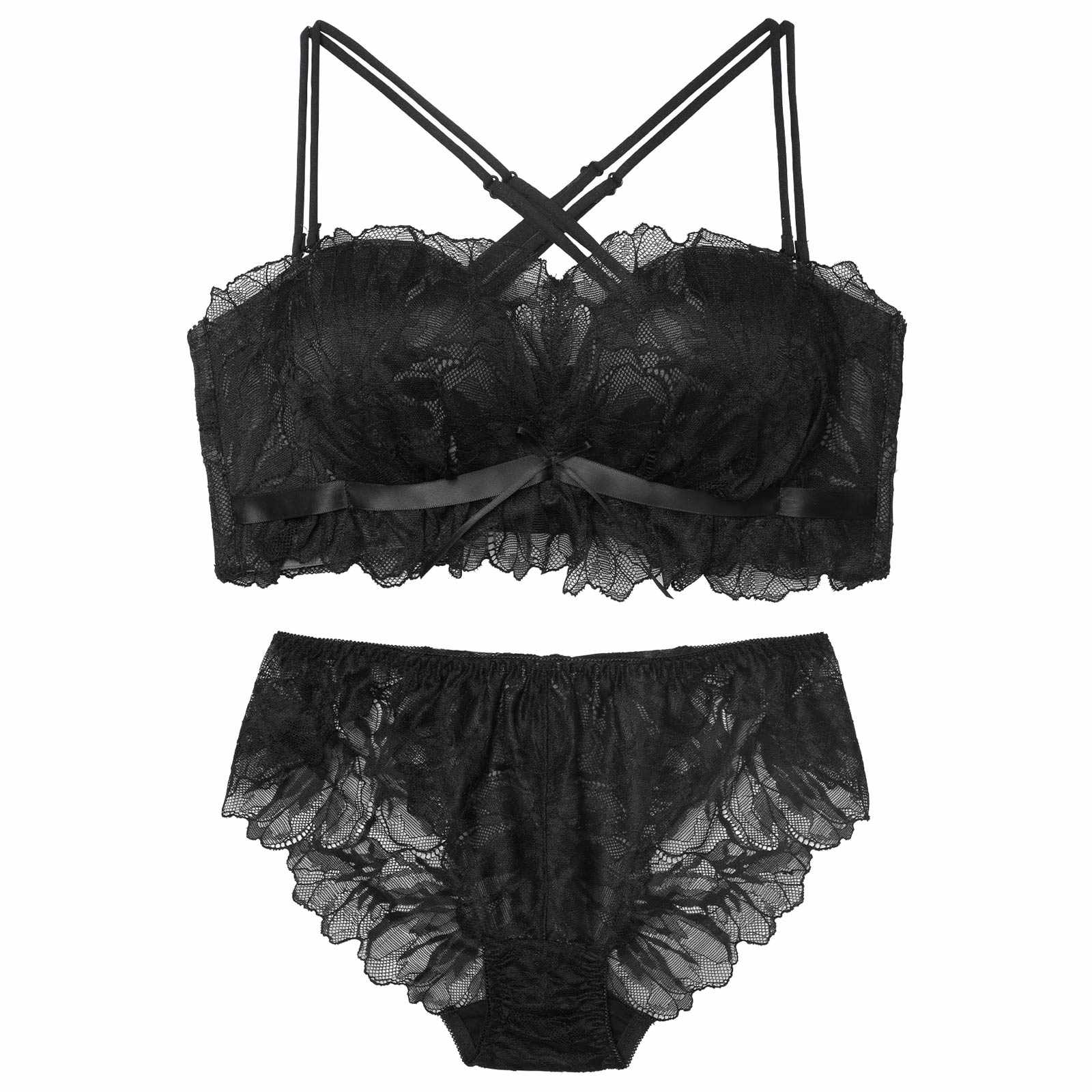 スフレリボンレース育乳脇高ブラジャー&バック透けフルバックショーツ