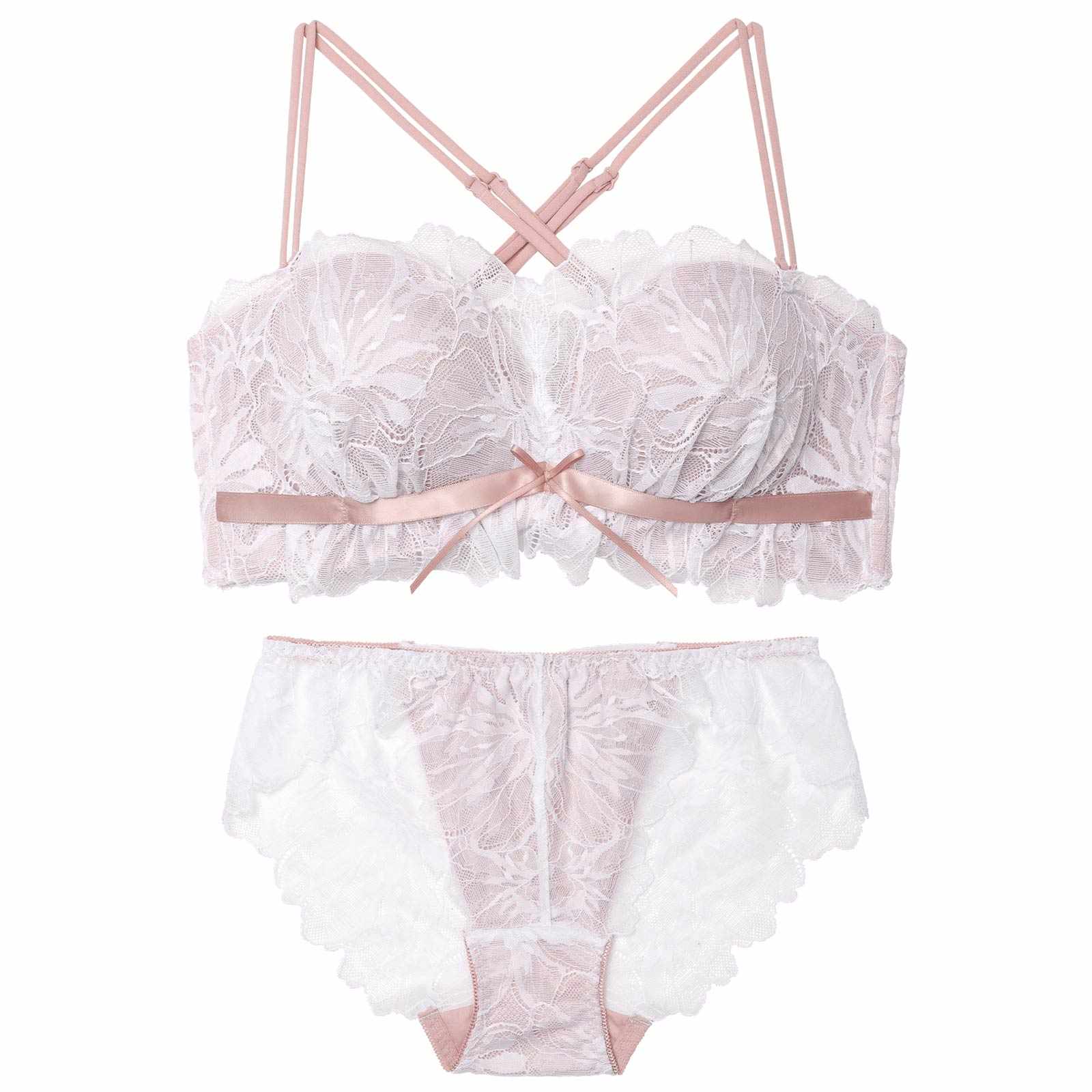 スフレリボンレース育乳脇高ブラジャー&バック透けフルバックショーツ