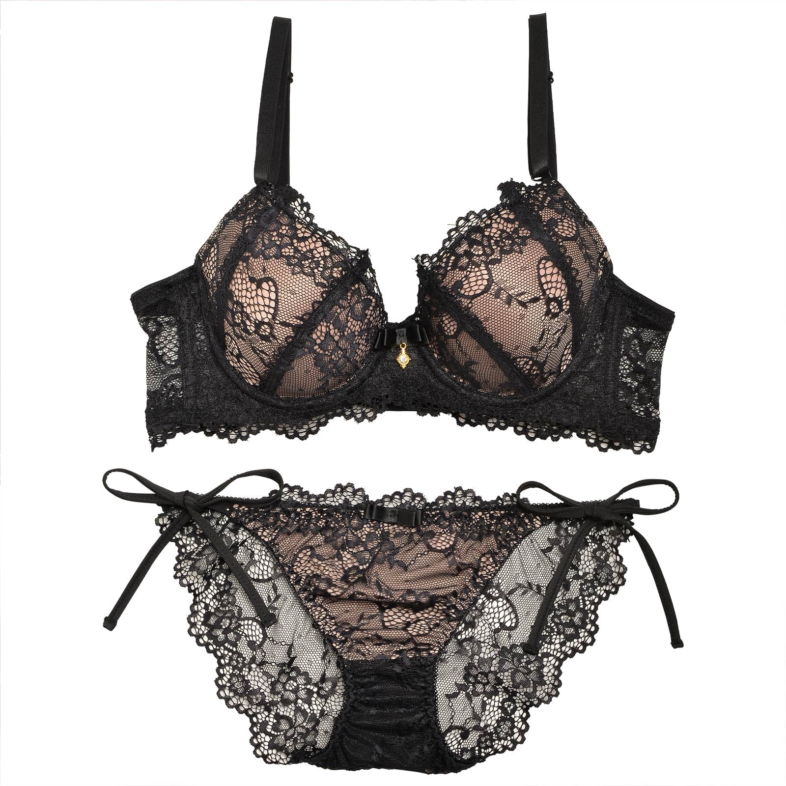 10/1再販!ヌーディーレース育乳脇高ブラジャー&サイド紐バック透けフルバックショーツ