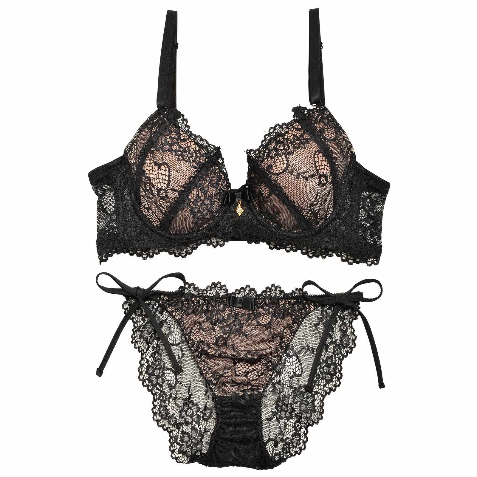 1/15再販!【EFサイズ】ヌーディーレース育乳脇高ブラジャー&サイド紐バック透けフルバックショーツ
