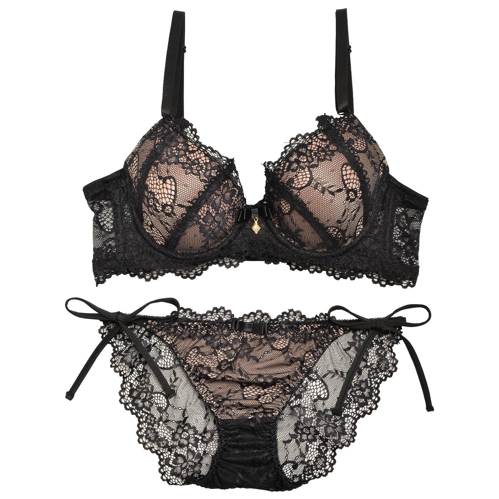 2/7再販!【ノンワイヤー】ヌーディーレース育乳脇高ブラジャー&サイド紐バック透けフルバックショーツ - 【公式】247Lingerie