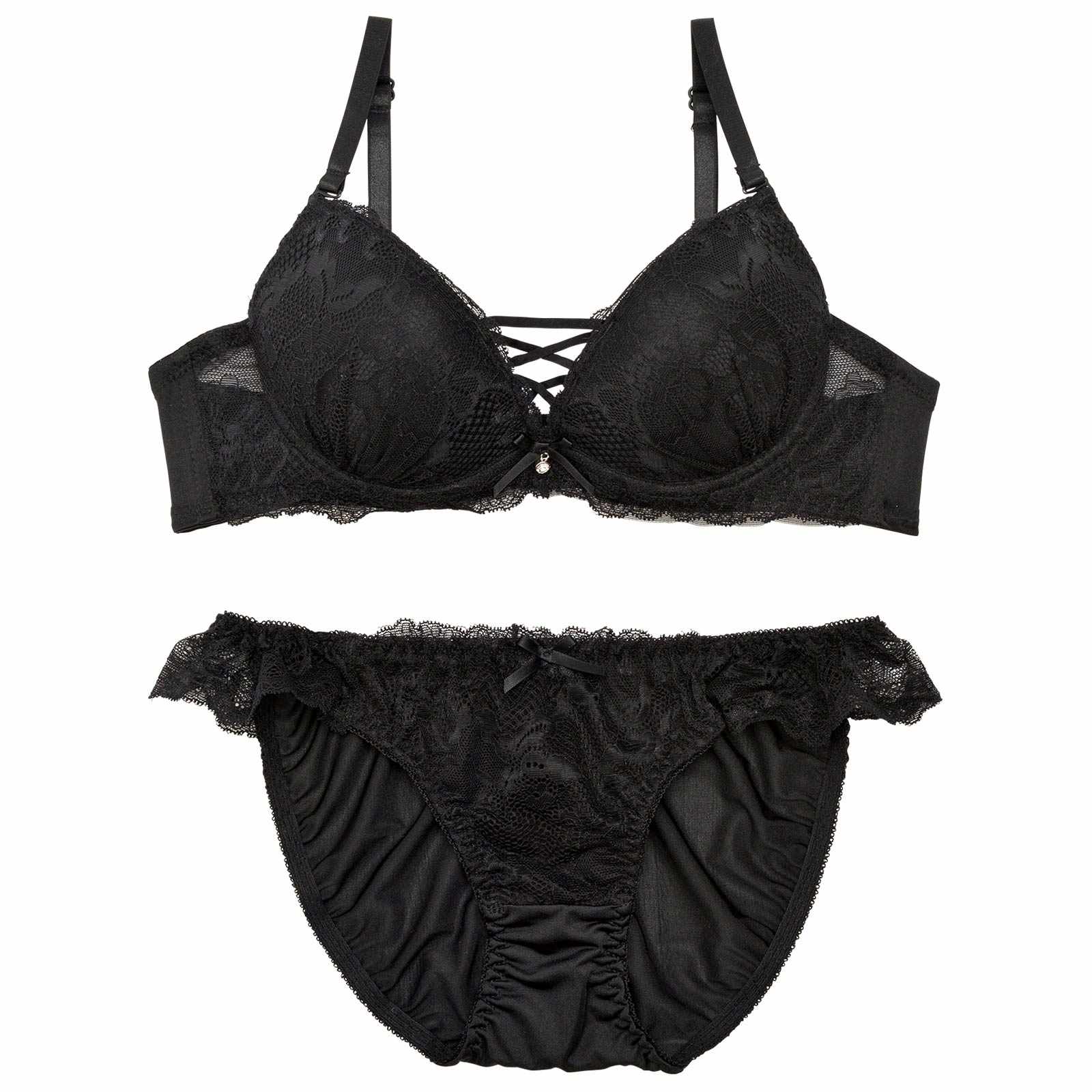 2/11再販!【EFサイズ】ワンカラーレースアップブラジャー&フルバックショーツ - 【公式】247Lingerie