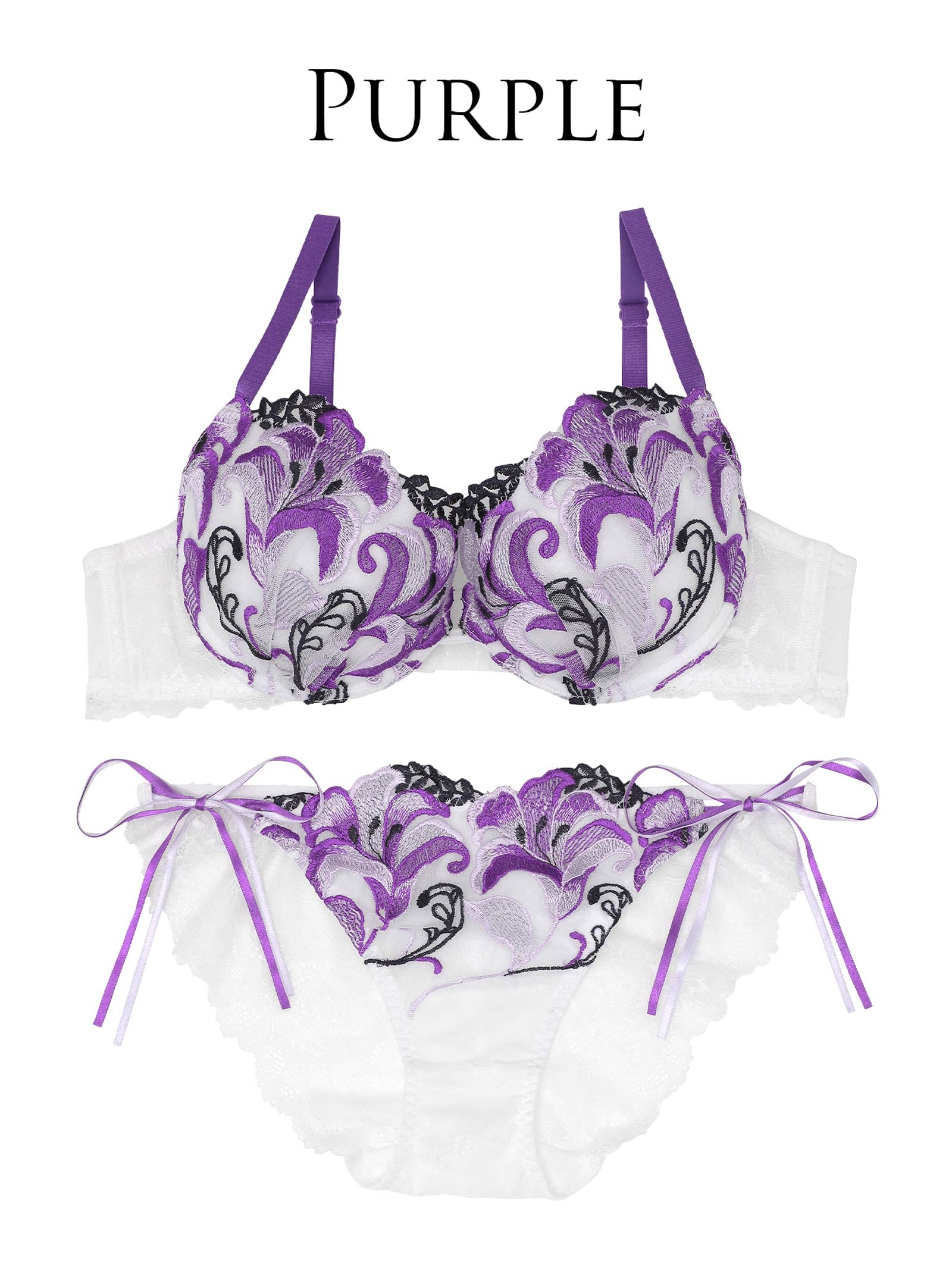 【永尾まりや着用】【Reinest】ディープリリー刺繍ブラジャー&サイド紐バック透けフルバックショーツ - 【公式】247Lingerie