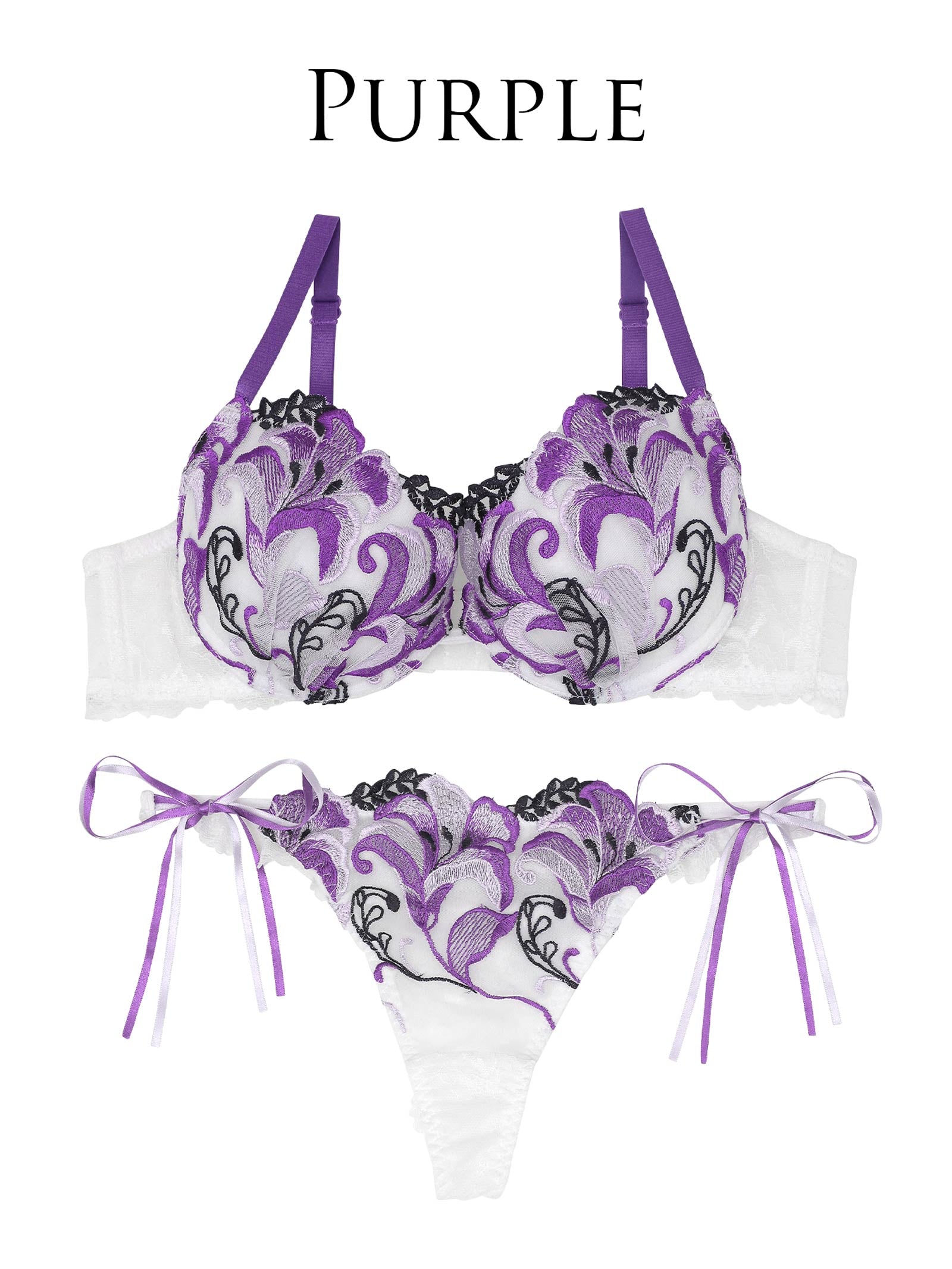 【永尾まりや着用】【Reinest】ディープリリー刺繍ブラジャー&サイド紐バック透けTバックショーツ - 【公式】247Lingerie