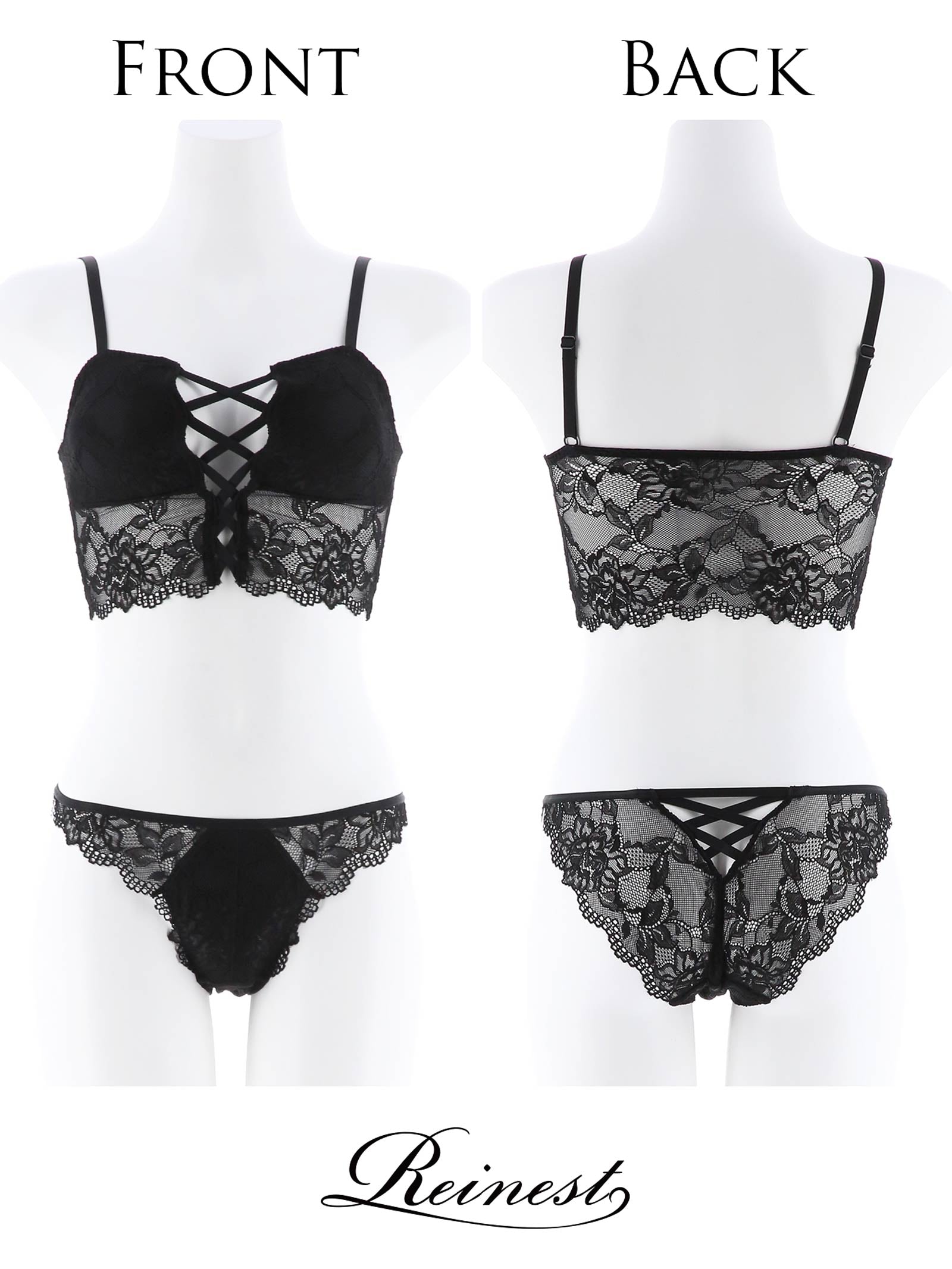 【Reinest】【ノンワイヤー】センシュアルレースアップブラジャー&バック透けフルバックショーツ