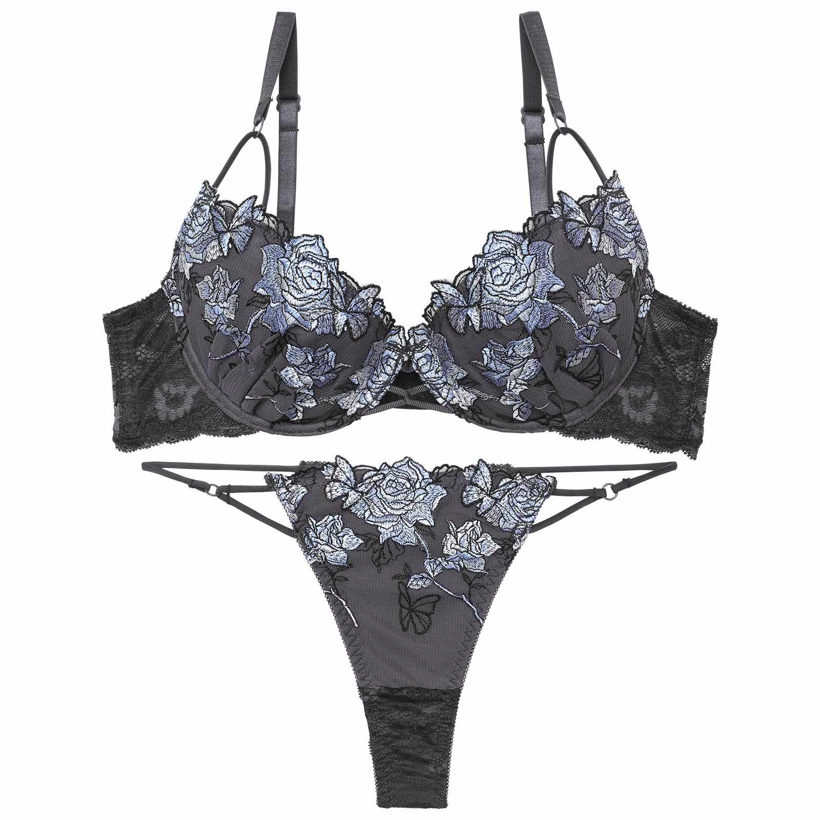 【Reinest】ノーブルバタフライローズブラジャー&バック透けTバックショーツ
