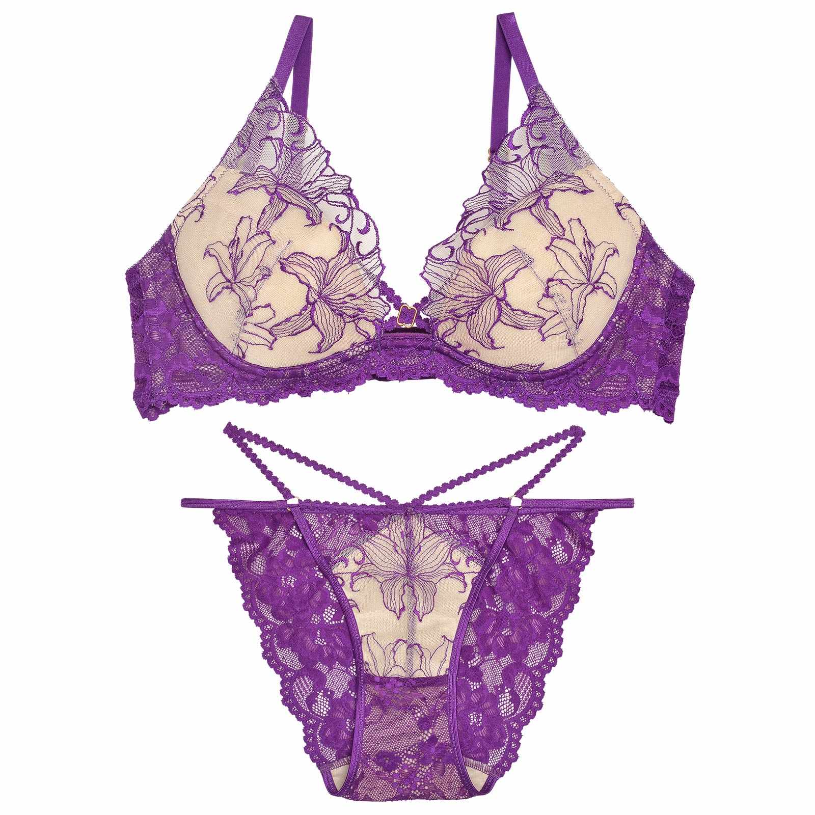 【Reinest】ヌーディリリーエンブロイダリーブラジャー&バック透けフルバックショーツ