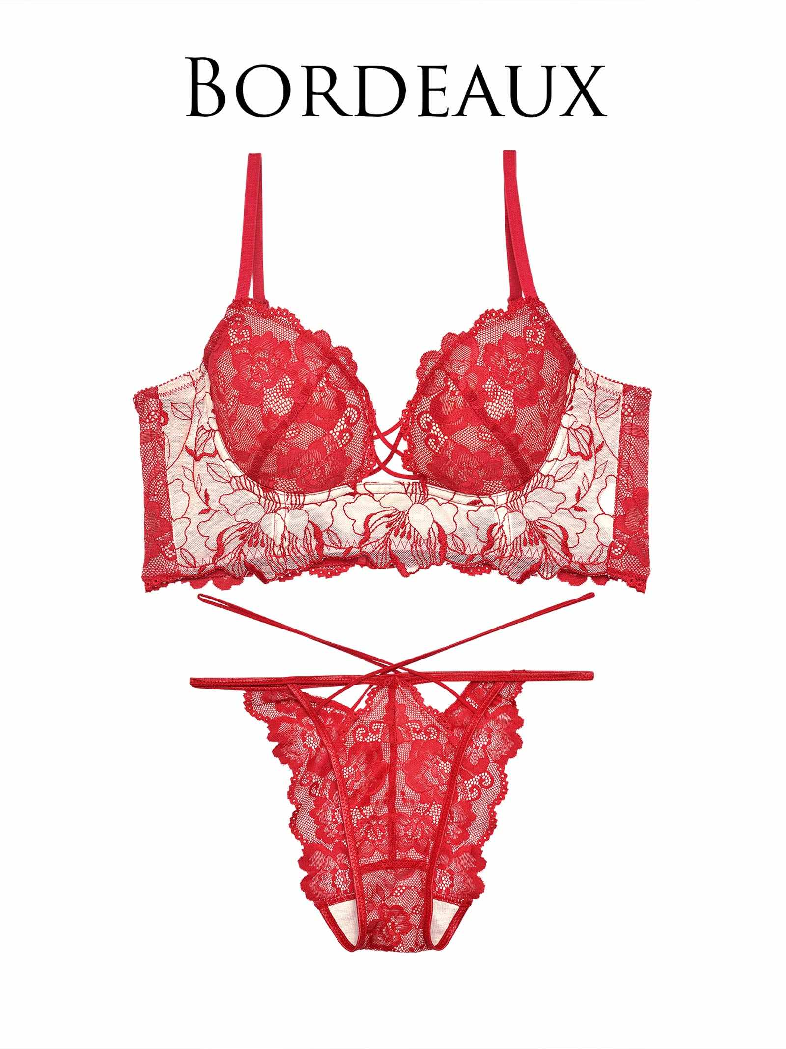 【Reinest】ストリングビスチェフラワーブラジャー&バック透けフルバックショーツ