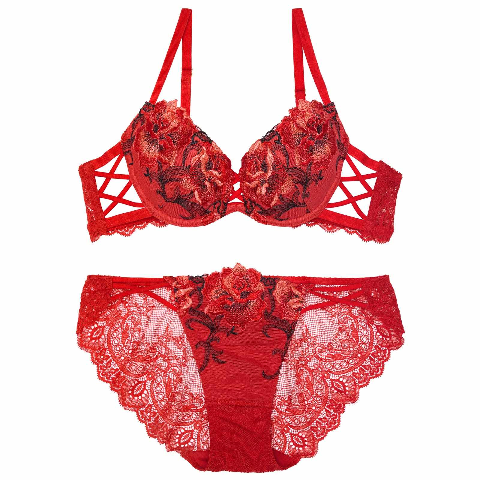 【Reinest】クラッシーディープローズブラジャー&バック透けフルバックショーツ