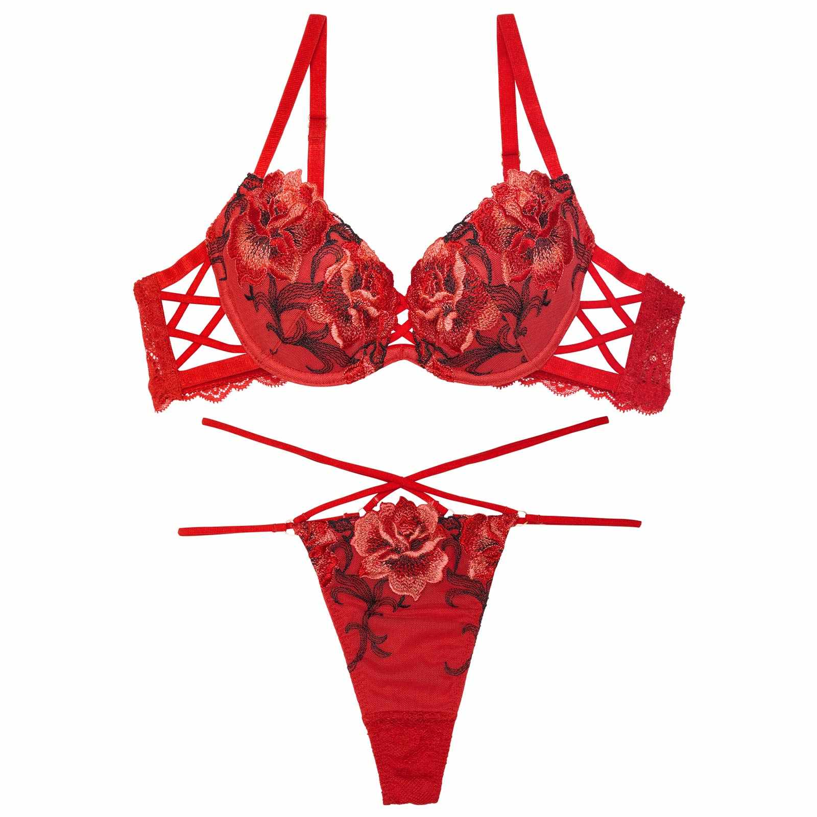 【Reinest】クラッシーディープローズブラジャー&バック透けTバックショーツ - 【公式】247Lingerie